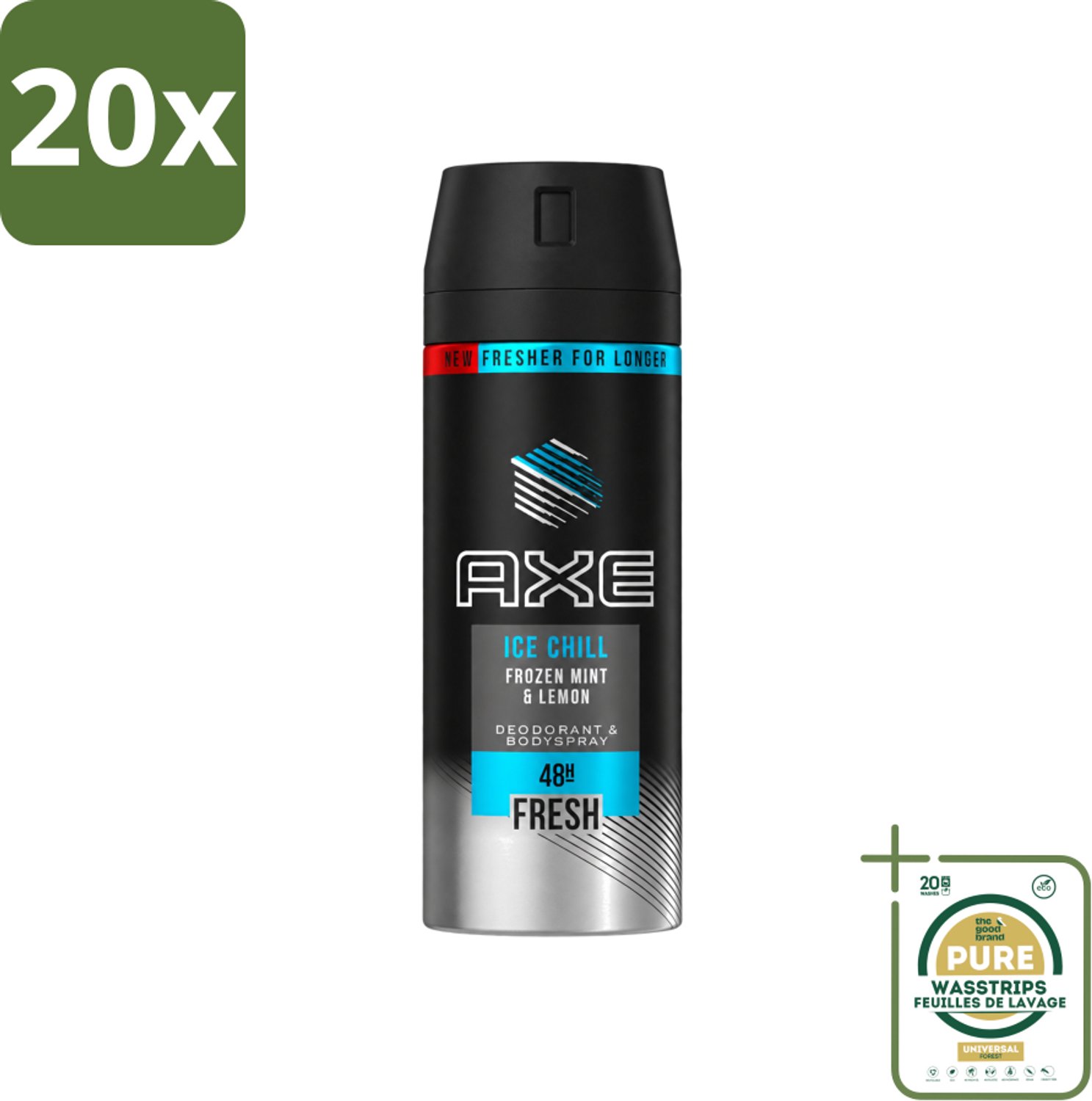 20 x Axe - Deodorant Bodyspray - 48hrs Fresh - Ice Chill - Frozen Mint & Lemon - 150 ml - Wasstrips - Axe Ice Chill - Deodorant Bodyspray - 48h Fresh - Bevroren Munt En Citroen - Geurbestrijding