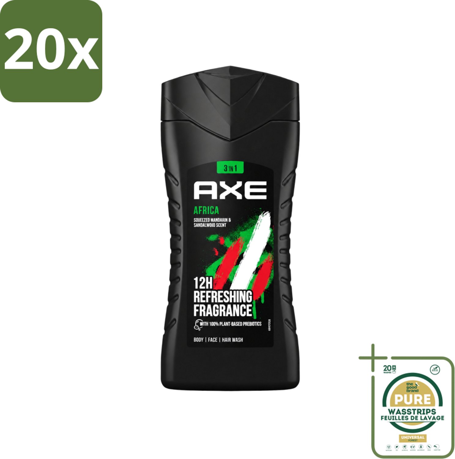20 x Axe - 3-in-1 Douchegel - Africa - Squeezed Mandarin & Sandalwood - 100% Plantaardig - 250 ml - Wasstrips - Axe Africa Douchegel - Douchegel - 3-in-1 Douchegel - 100% Plantaardig - Mandarin En Sandalwood