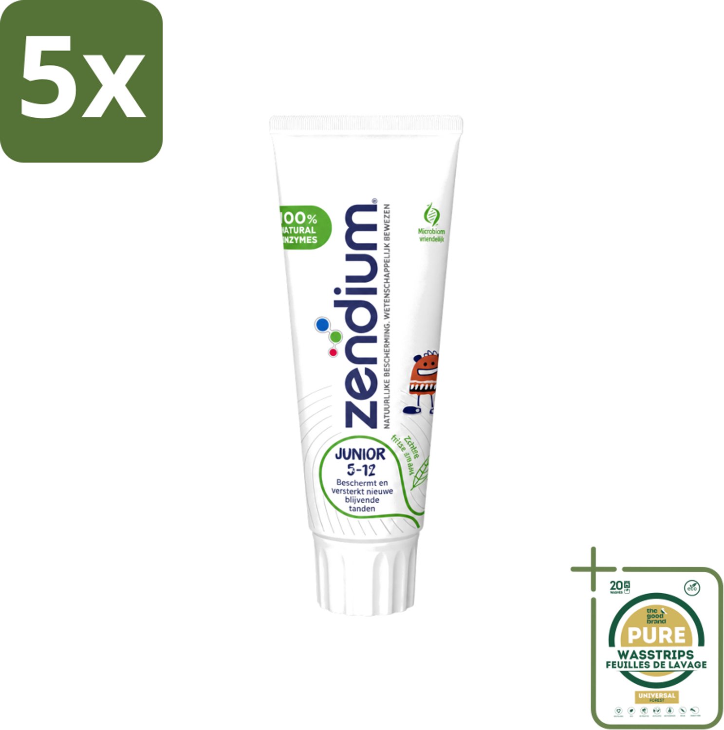 5 x Zendium - Junior 5-12 Jaar - Tandpasta - Natuurlijke Enzymen - 75 ml - Wasstrips - Tandpasta Voor Kinderen - Melktanden Beschermen - Volwassen Tanden Beschermen - Natuurlijke Enzymen - SLS-vrij