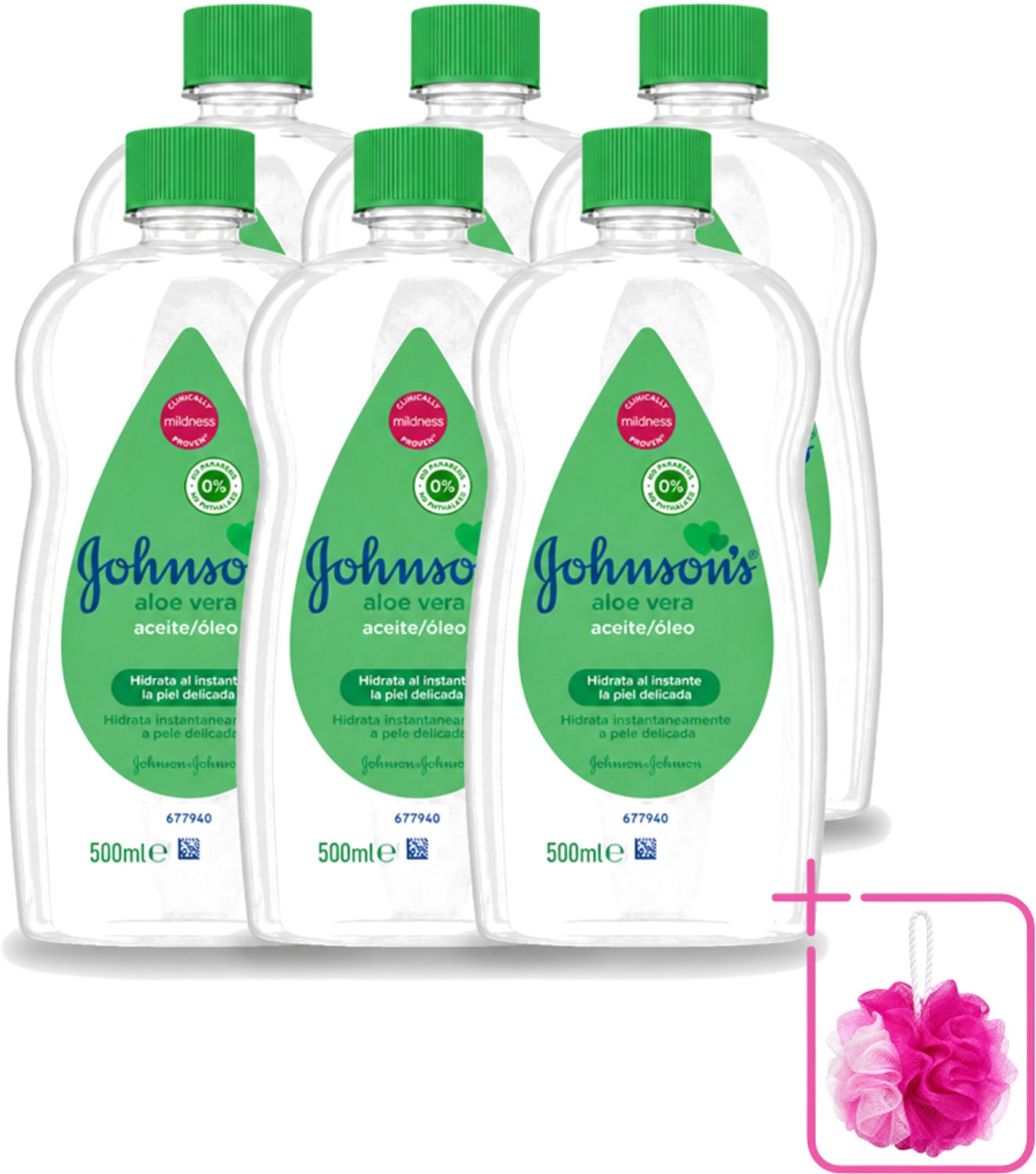 6 x Johnson's - Baby Olie - Aloe Vera - Hydrateerd Gevoelige Huid - 500 ml - Bulkverpakking - Babyolie - Douchemop - Aloe vera
