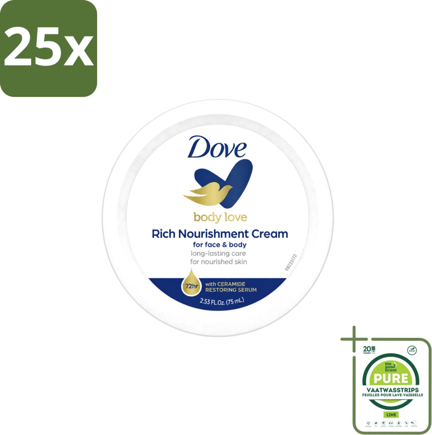 25 x Dove – Bodycrème – Rich Nourishment – 75 ml - Grootverpakking - Vaatwasstrips - Bodycrème - Hydratatie - Droge Huid - Voedende Crème - Huid Verzorging
