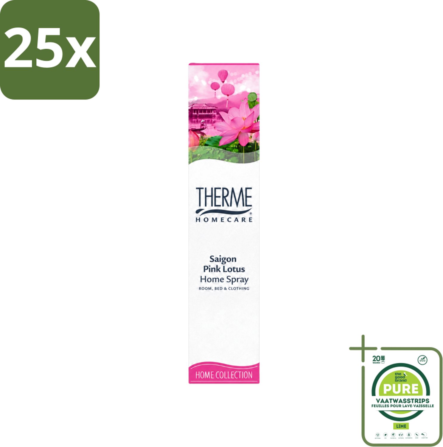 25 x Therme - Interieurspray - Saigon Pink Lotus - Oosterse Romantiek in Huis - 60 ml - Grootverpakking - Vaatwasstrips - Interieurspray - Geur - Oosterse Geur - Saigon Pink Lotus - Wellness