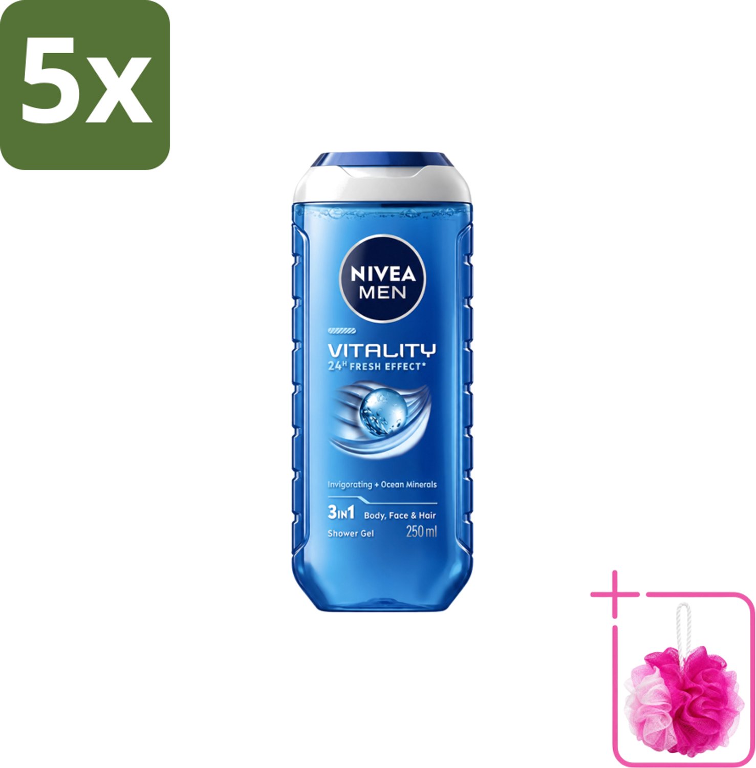 5 x Nivea Men – Douchegel – Vitality 3-in-1 – 250 ml - Bulkverpakking - Douchegel voor mannen - Douchemop - Frisheid