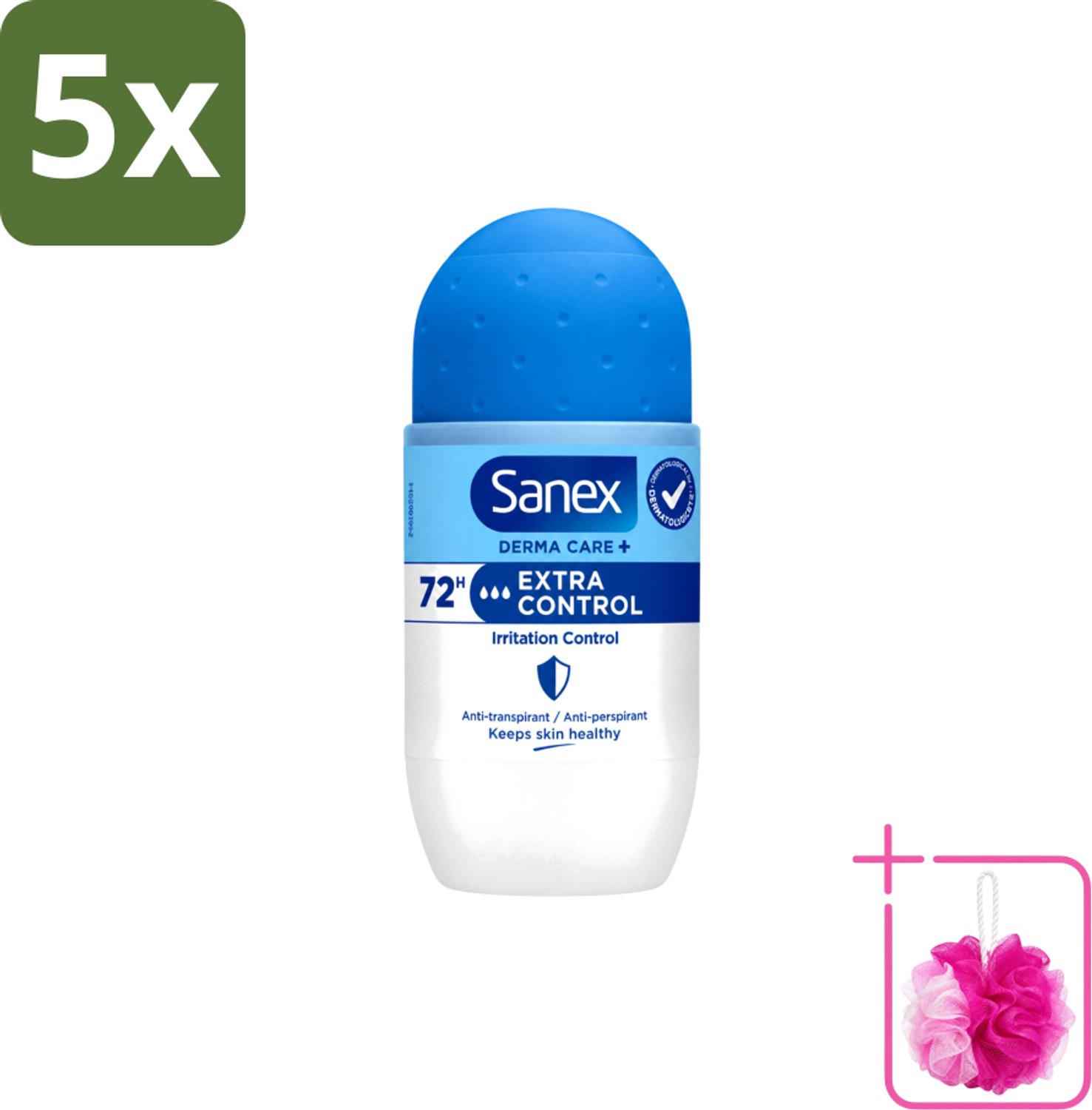 5 x Sanex – Deo Roll-on – Dermo Extra Control – 53 ml - Bulkverpakking - Anti-transpirant - Douchemop - Zweetvermindering