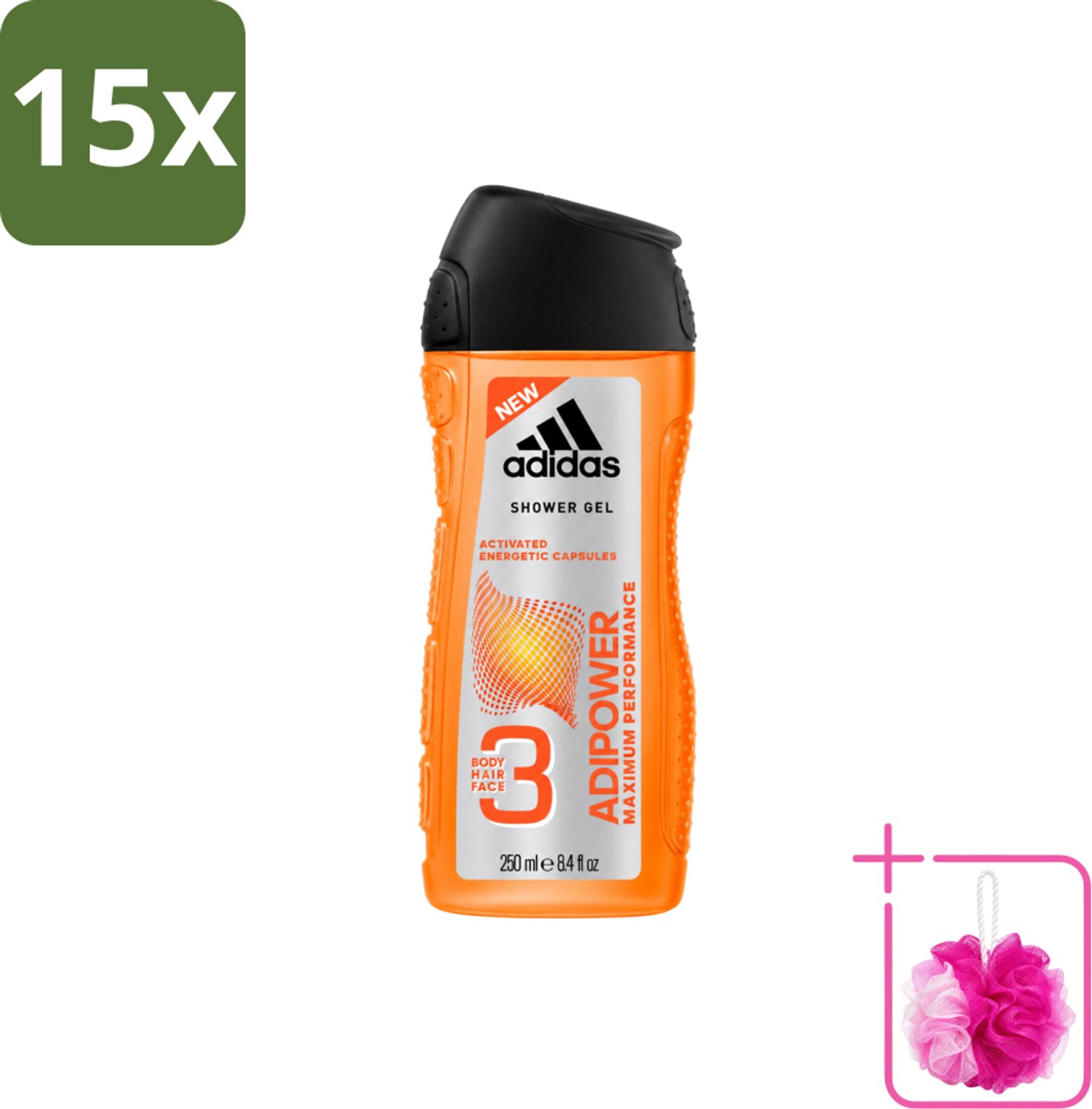 15 x Adidas - 3-in-1 Douchegel - Adipower Maximum Performance -250 ml - Bulkverpakking - Adidas Adipower Douche en Shampoo - Douchemop - 2-in-1 douche en shampoo