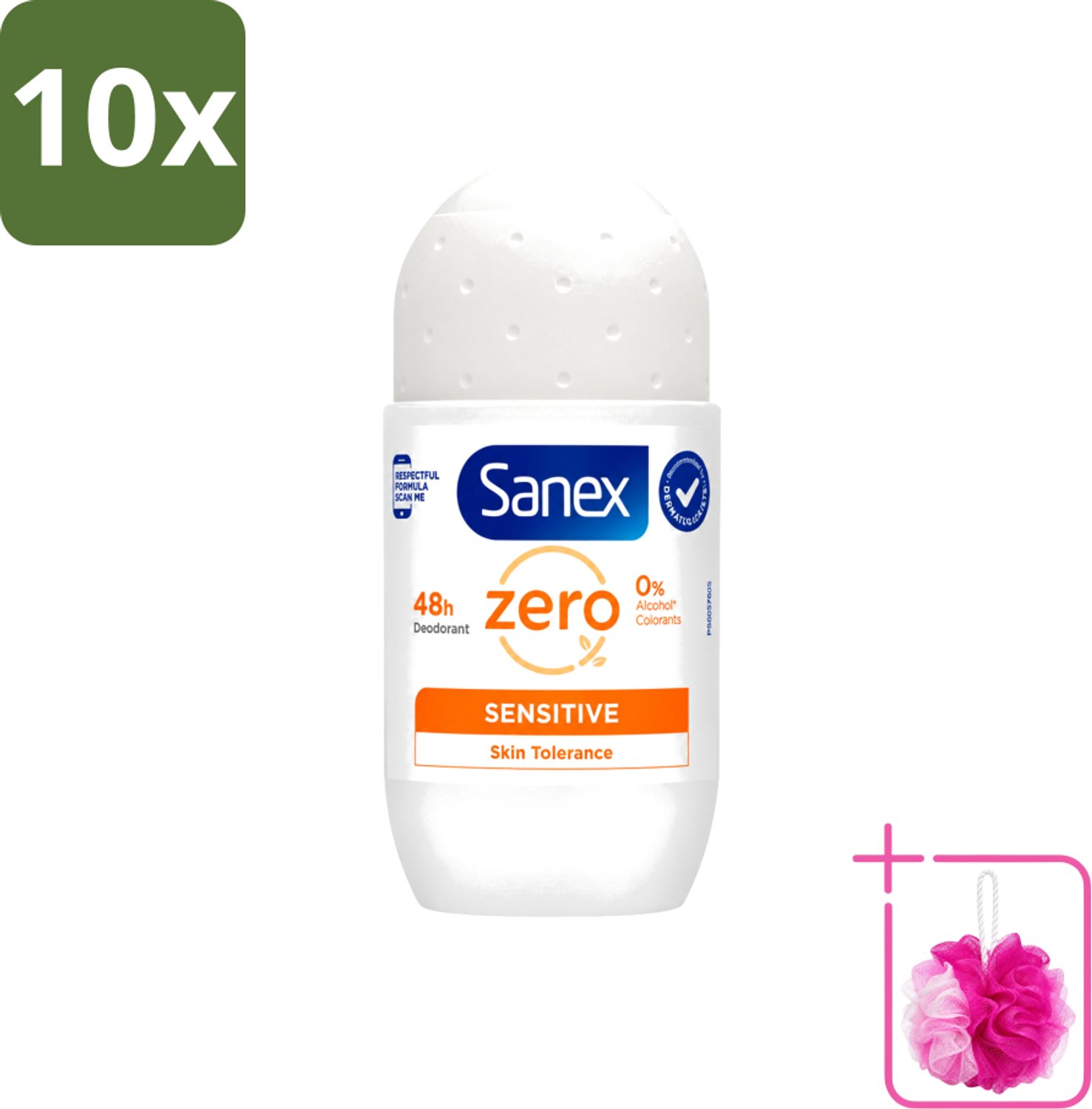 10 x Sanex - Deodorant - Roller - Zero% - Sensitive - Zonder Alcohol & Parabenen - 50 ml - Bulkverpakking - Deodorant zonder alcohol - Douchemop - Deodorant zonder parabenen