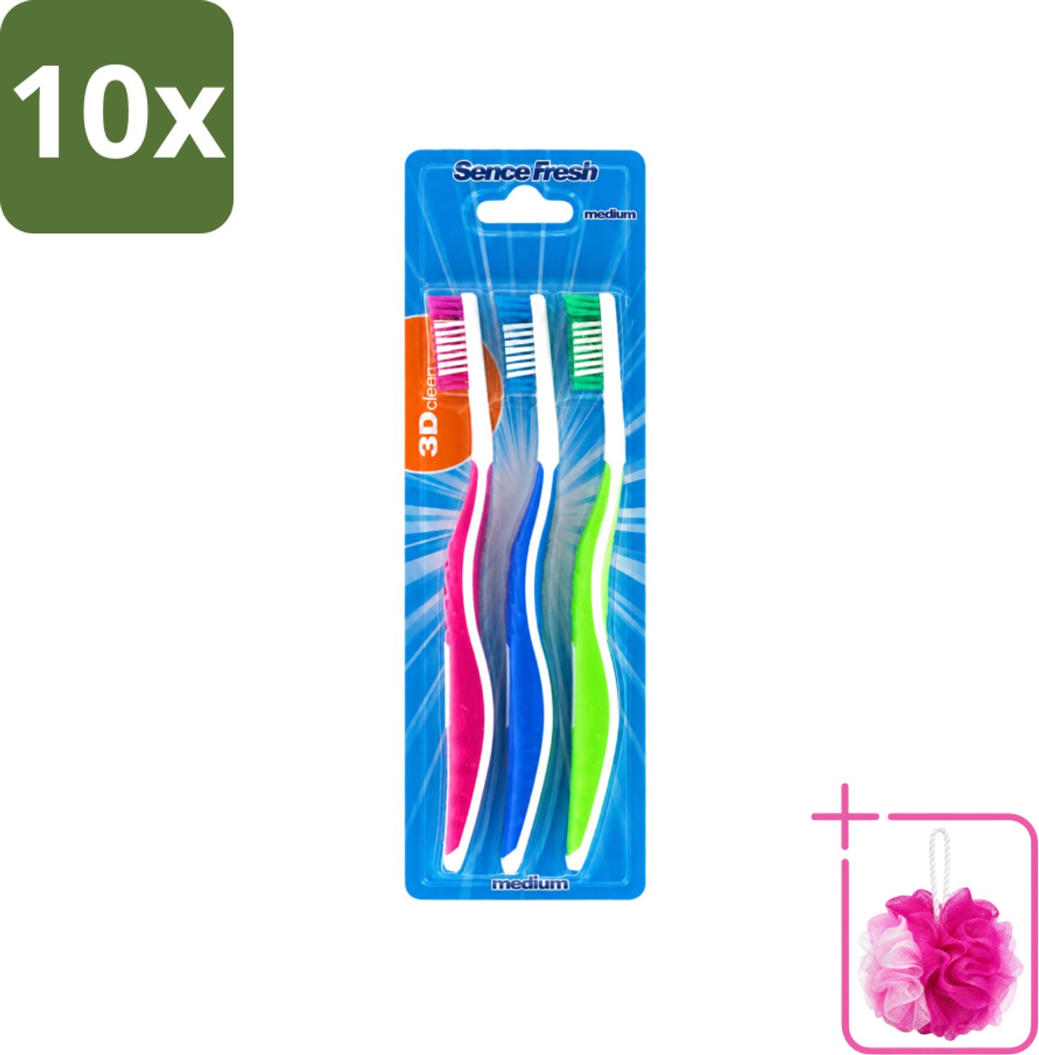 10 x Sence - Fresh 3D-Extra Clean - Tandenborstels - Medium - 3 Tandenborstels - Bulkverpakking - Tandenborstel - Douchemop - Tandenborstels