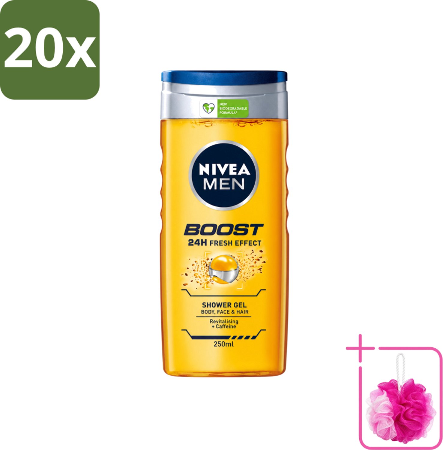 20 x Nivea - Men - Boost Douchegel - 24 Uur Lang Effect - 250 ml - Bulkverpakking - Douchegel - Douchemop - Cafeïne