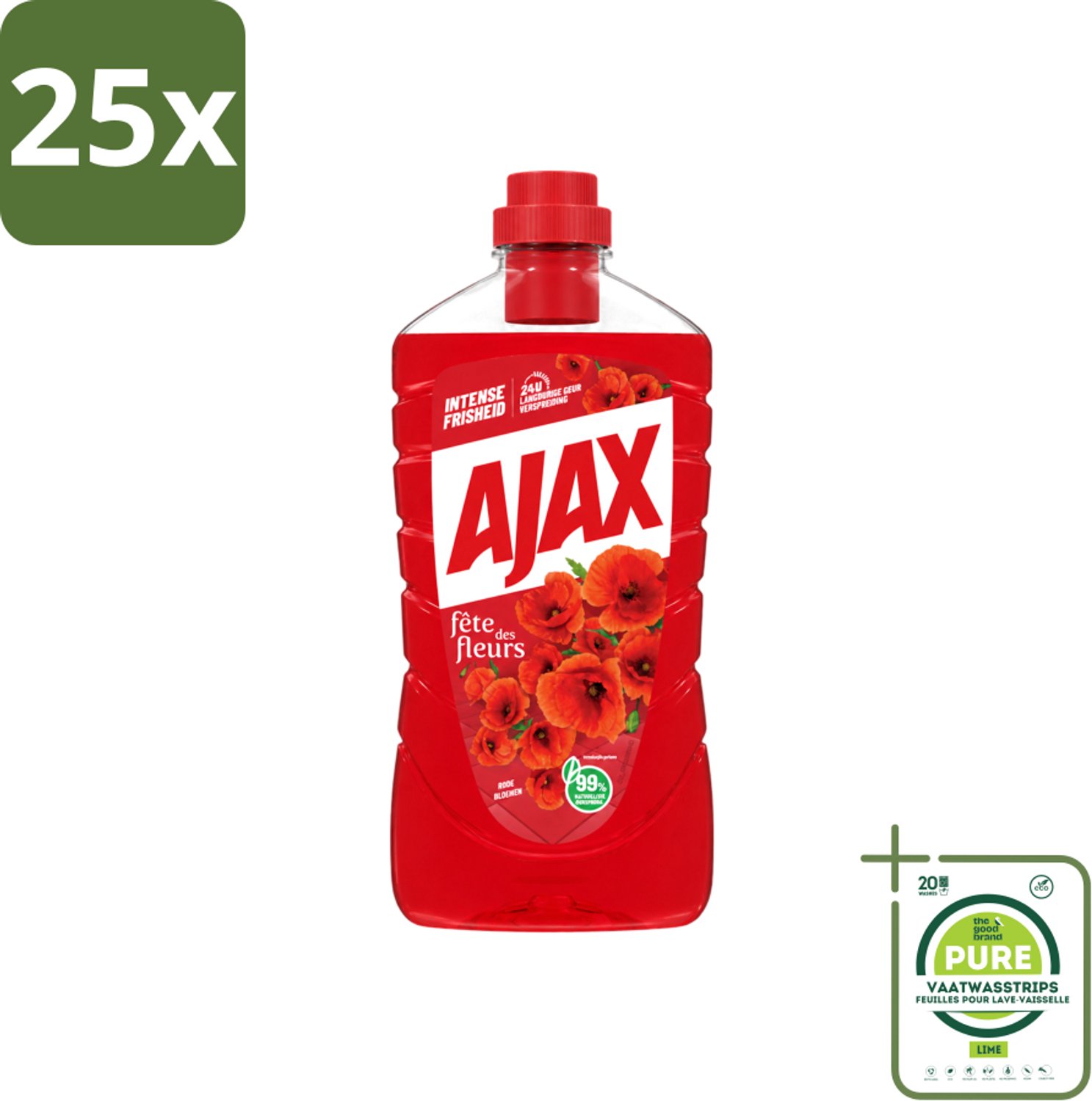 25 x Ajax - Allesreiniger - Fête des Fleurs - Intense Frisheid - Langdurige Geurverspreiding - 1 L - Grootverpakking - Vaatwasstrips - Allesreiniger - Bloemgeur - Natuurlijke Reiniging - Frisheid - Gerecycled