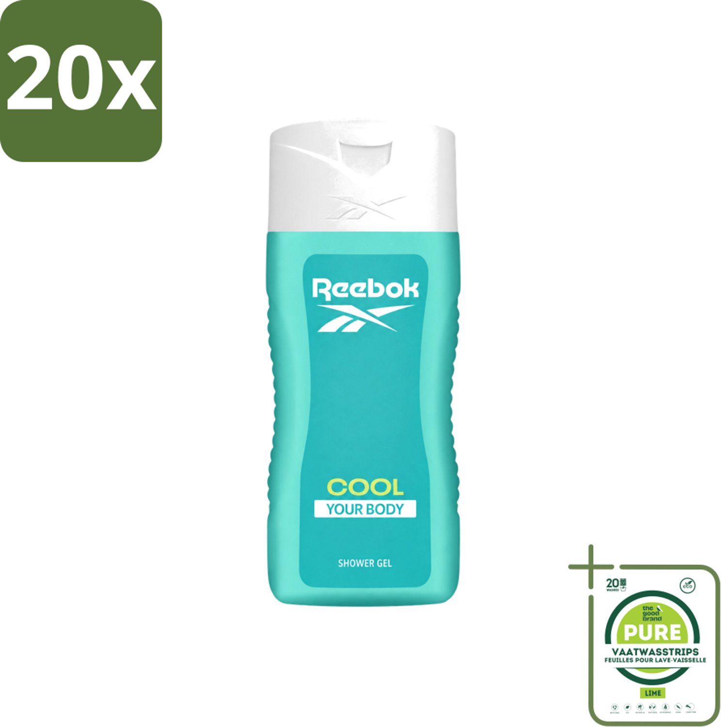 20 x Reebok - Cool Your Body - Douchegel - 400 ml - Grootverpakking - Vaatwasstrips - Douchegel - Menthol - Verkoeling - Frisse Geur - Aloe Vera
