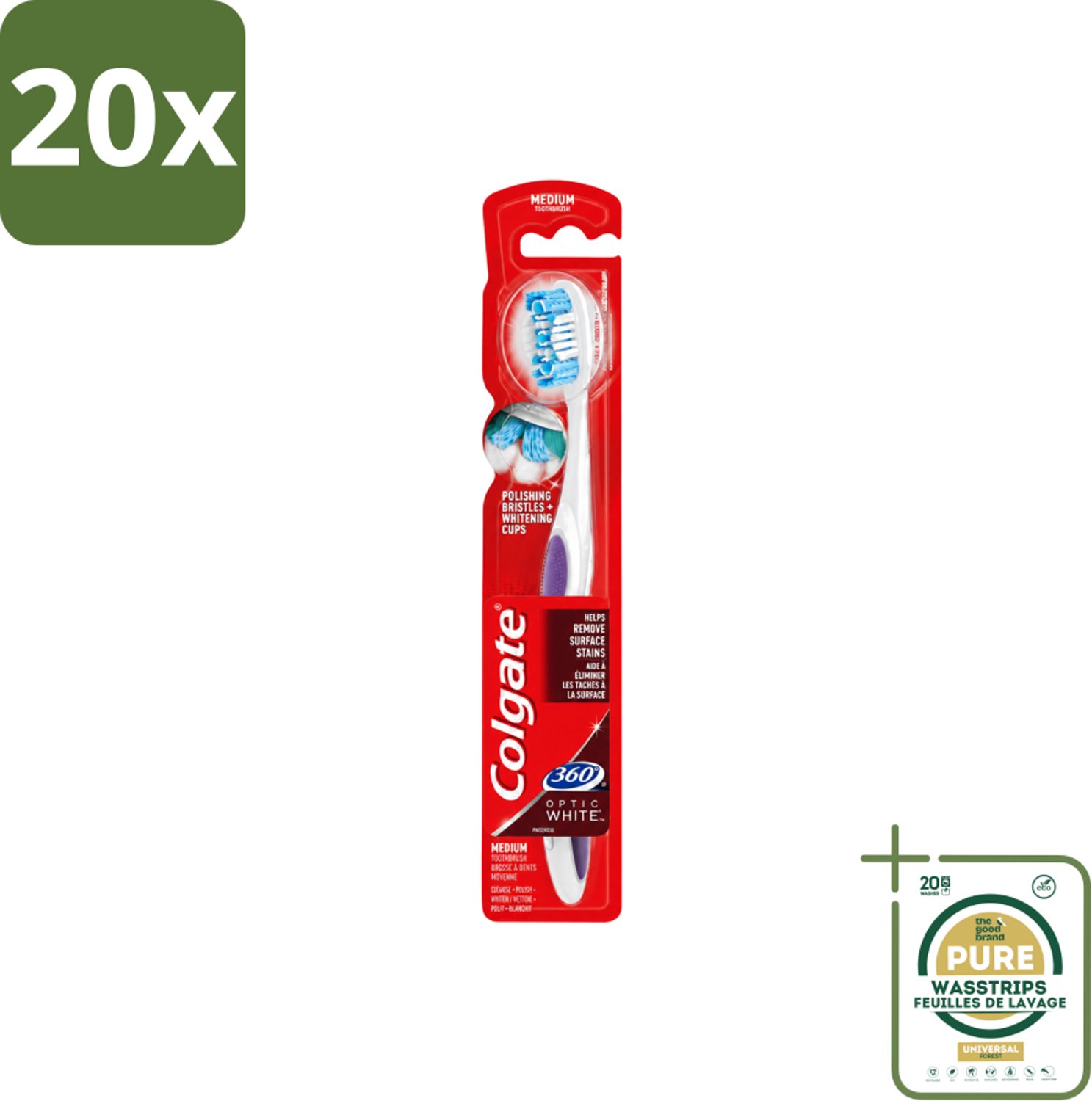 20 x Colgate - Tandenborstel - 360 Optic White Medium- Wit - 1 Tandenborstel - Wasstrips - Tandenborstel - Tanden Reinigen - Mondverzorging - Wittere Tanden - 360° Reiniging