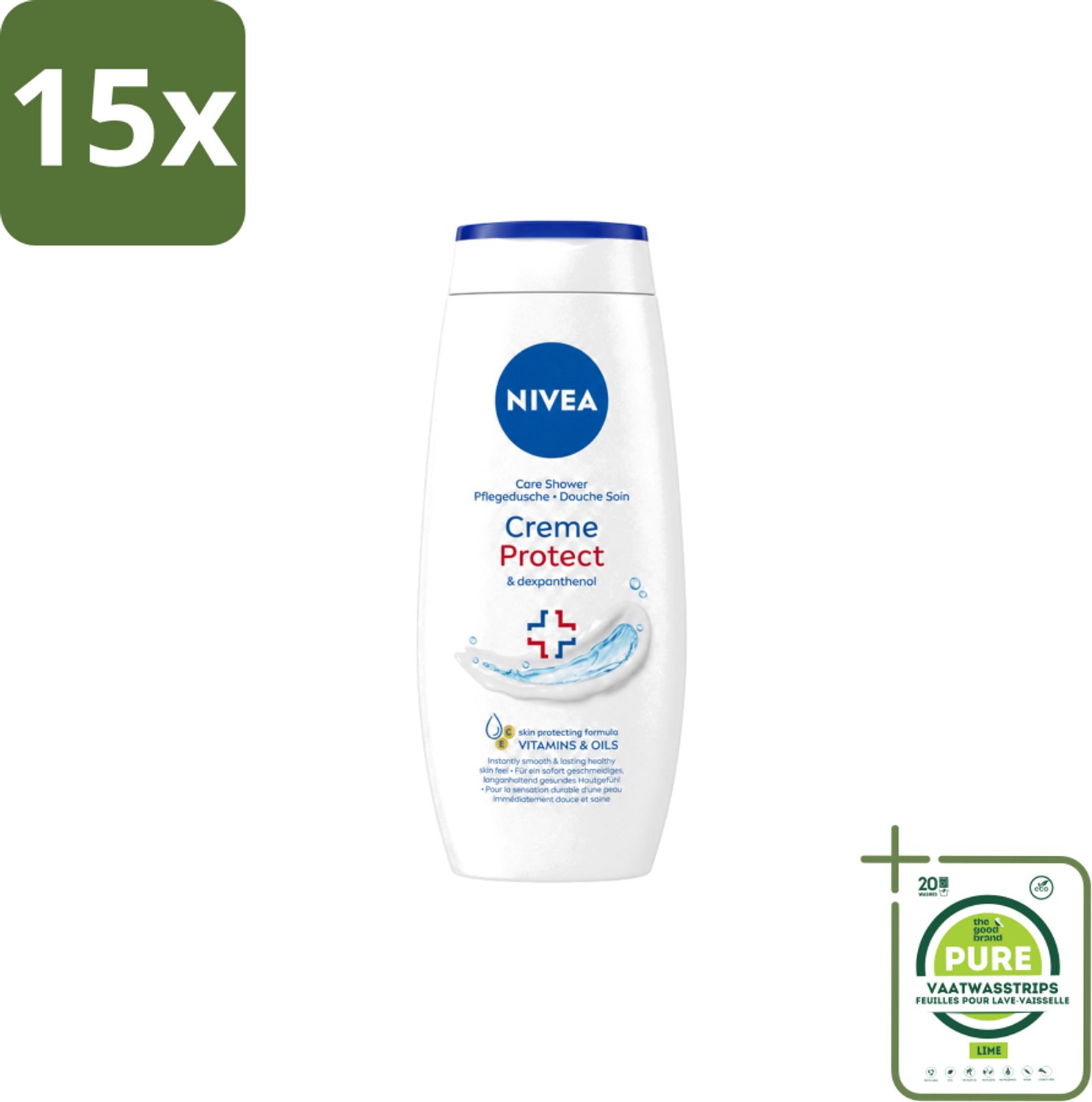 15 x Nivea – Douchecrème – Protect – 250 ml - Grootverpakking - Vaatwasstrips - Douchecrème - Huidverzorging - Huidbescherming - Vitamine C - Vitamine E
