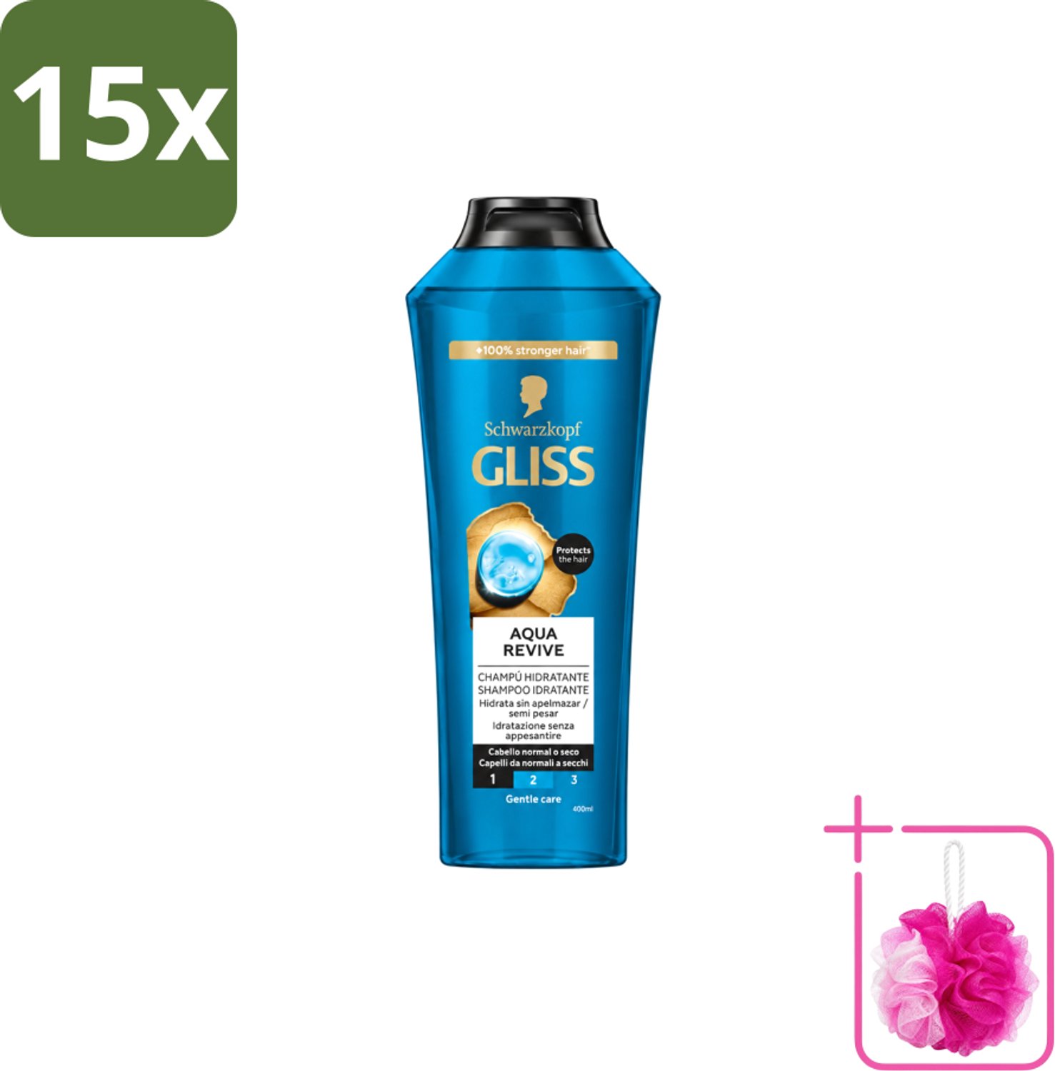 15 x Gliss-Kur - Shampoo - Aqua Revive - Verfrist & Hydrateert - 400 ml - Bulkverpakking - Haar reinigen - Douchemop - Haar hydrateren