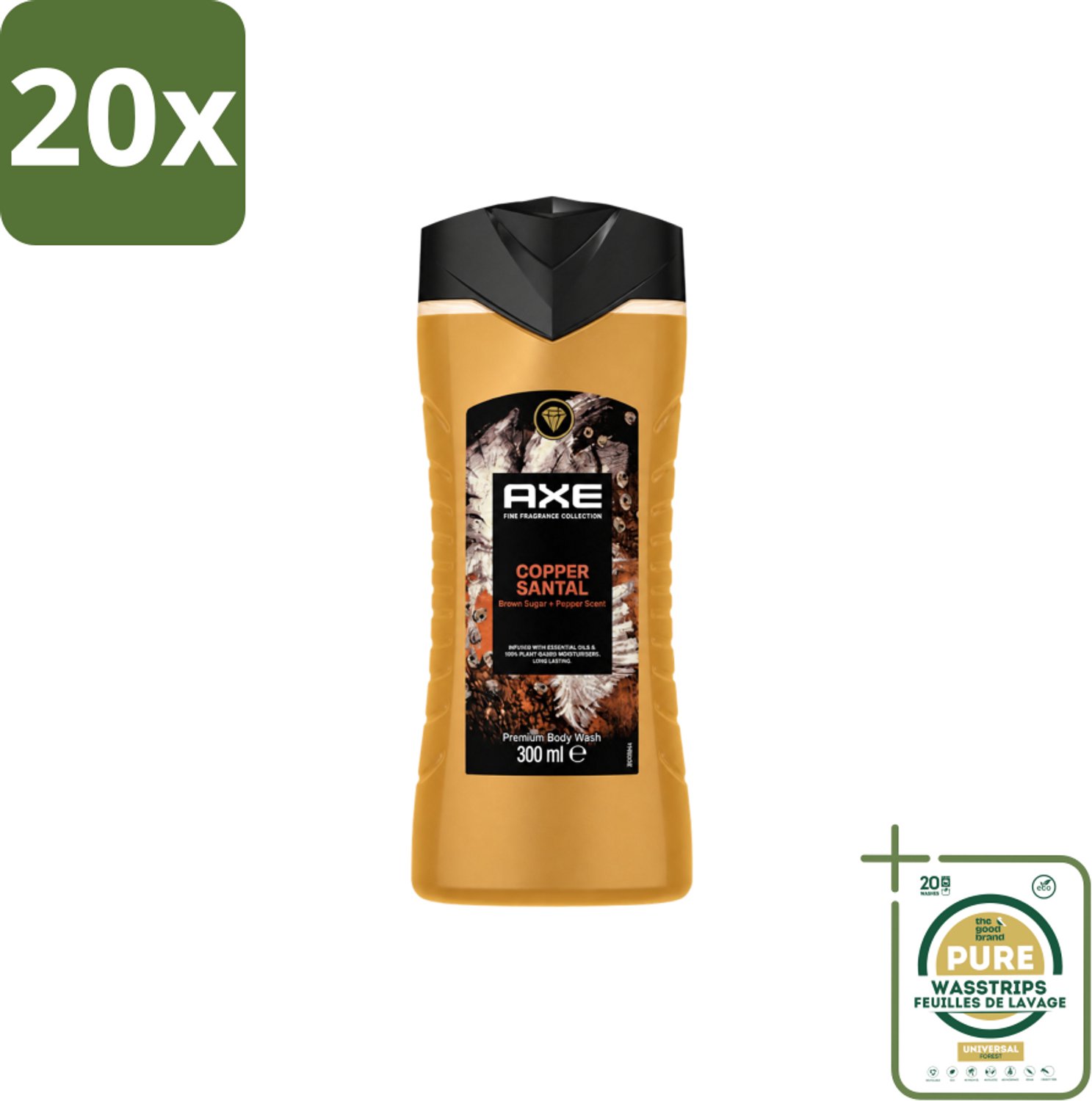 20 x Axe – Douchegel – Copper Santal – 300 ml - Wasstrips - Douchegel - Koper Santal - Warme Houtgeur - Mannelijke Geur - Huid Reinigen