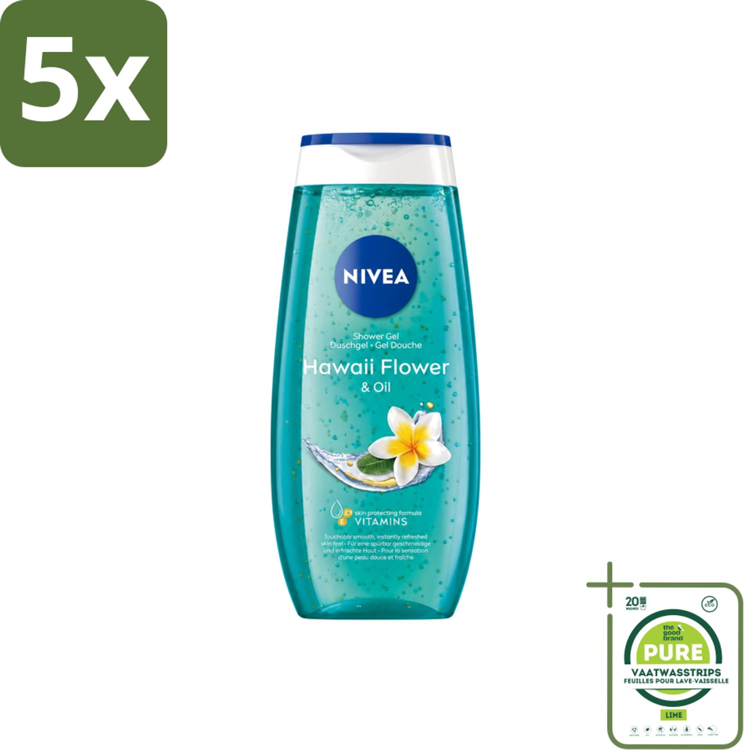 5 x Nivea – Douchegel – Hawaii Flower & Oil – 250 ml - Grootverpakking - Vaatwasstrips - Douchegel Hawaii - Douchegel Met Olie - Huid Verzorging - Huid Hydraat - Huid Comfort