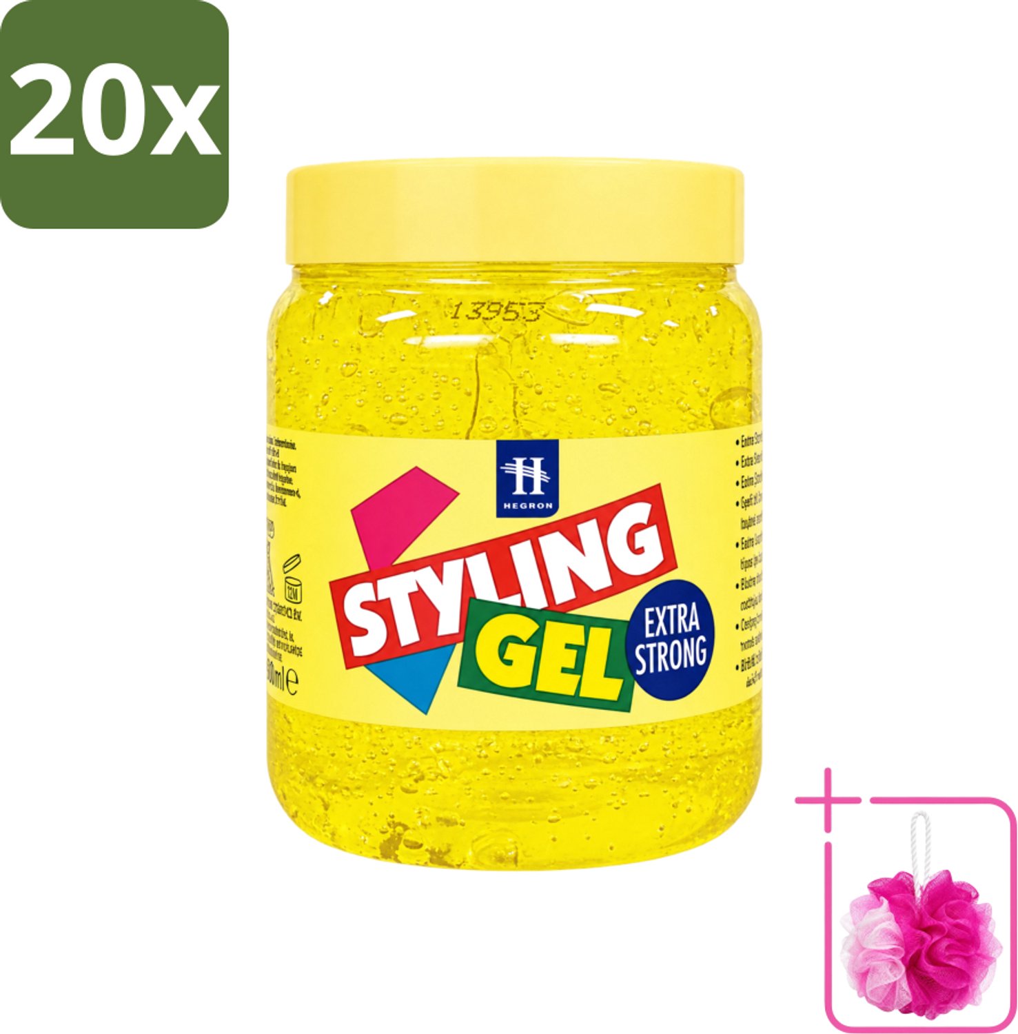 20 x Hegron - Styling Haargel - Extra Strong - Voor Sterke Fixatie - 500 ml - Bulkverpakking - Haarkleur - Douchemop - Haartype