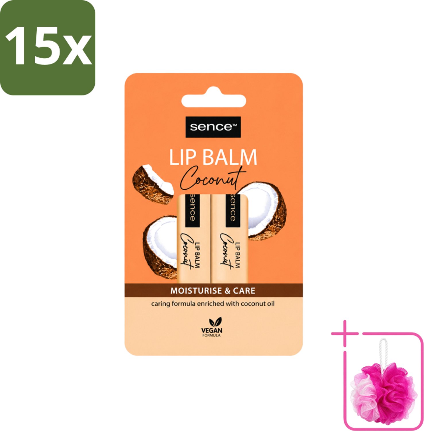 15 x Sence - Moisturise & Care - Lippenbalsem Duo - Verzorgend - 2 x 4,3 g - Bulkverpakking - Lippenbalsem - Douchemop - Kokos