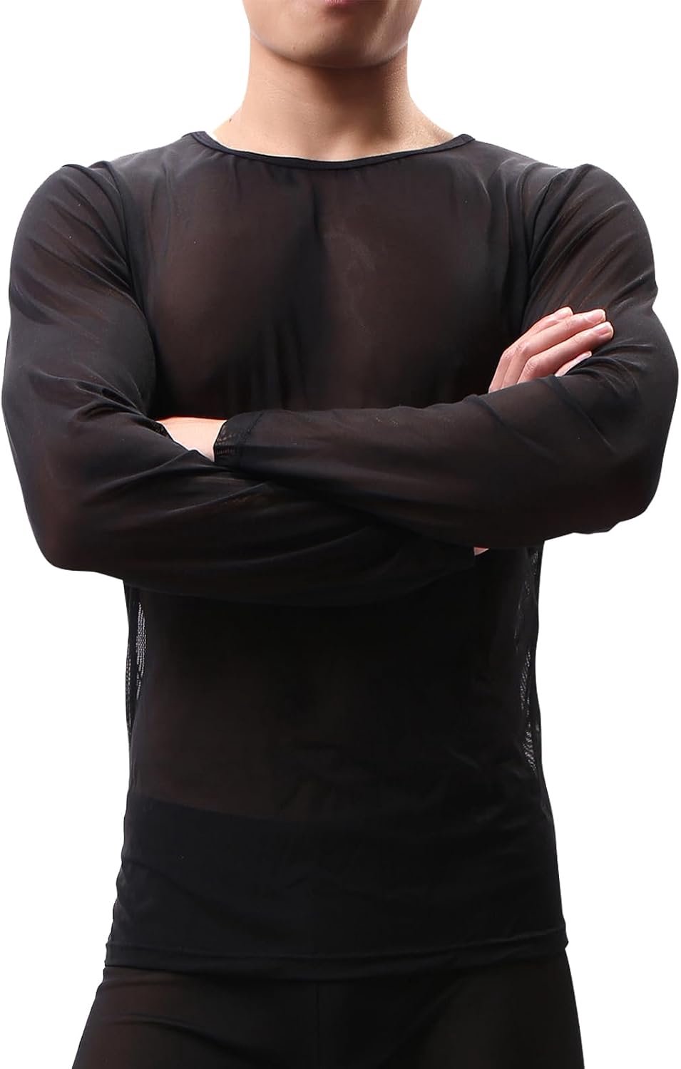 Netshirt voor heren, doorzichtig hemd, lange mouwen, transparant, sexy mesh-bovenstuk, rave, ademend onderhemden