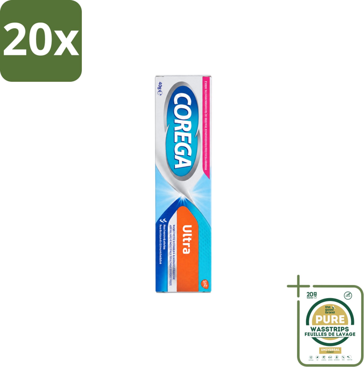 20 x Corega Ultra Kleefcrème - Krachtig Houvast & Bescherming - Met Verfrissende Mintsmaak - 40g - Wasstrips - Gebitprothese Kleefcrème - Houvast Gebitsprothese - Prothese Fixatie - Prothese Crème - Mintsmaak Prothese