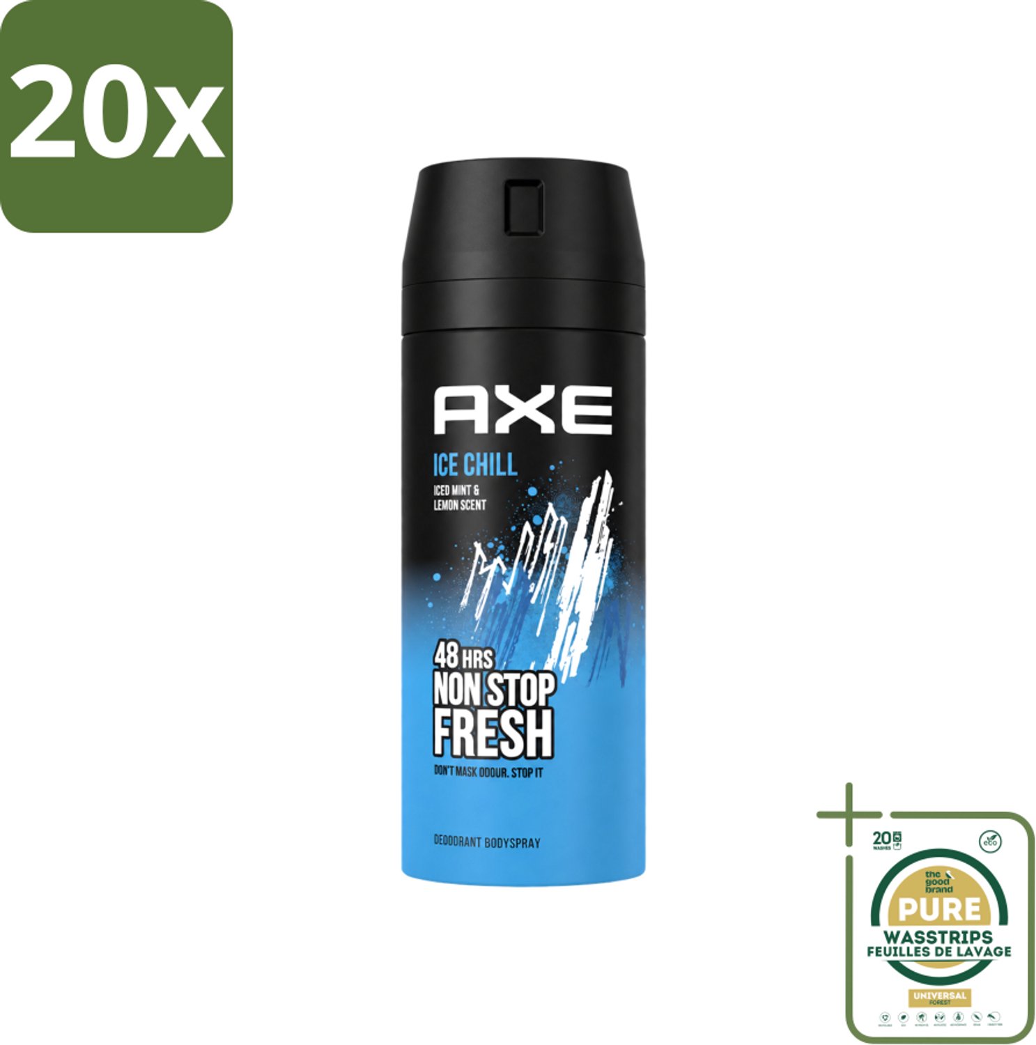 20 x Axe - Deodorant Bodyspray - 48hrs Fresh - Ice Chill - Iced Mint & Lemon - 150 ml - Wasstrips - 48 Uur Bescherming - Lichaamsgeur - Deodorant - Frisheid - Bevroren Munt