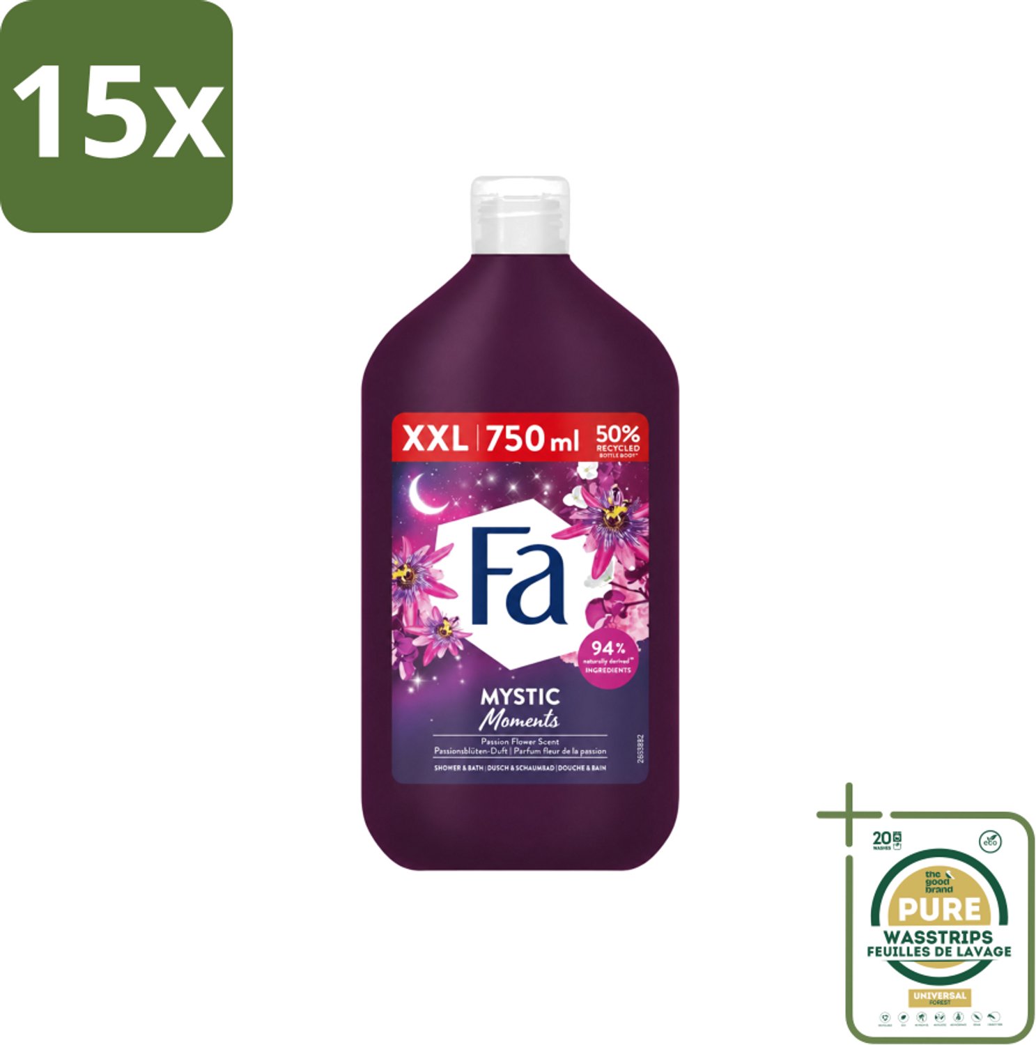 15 x Fa - Mystic Moments - Bad- & Douchegel - Passiebloem - 750 ml - Wasstrips - Bad En Douchegel - Passiebloem - Sheaboter - Hydratatie - Verzorging