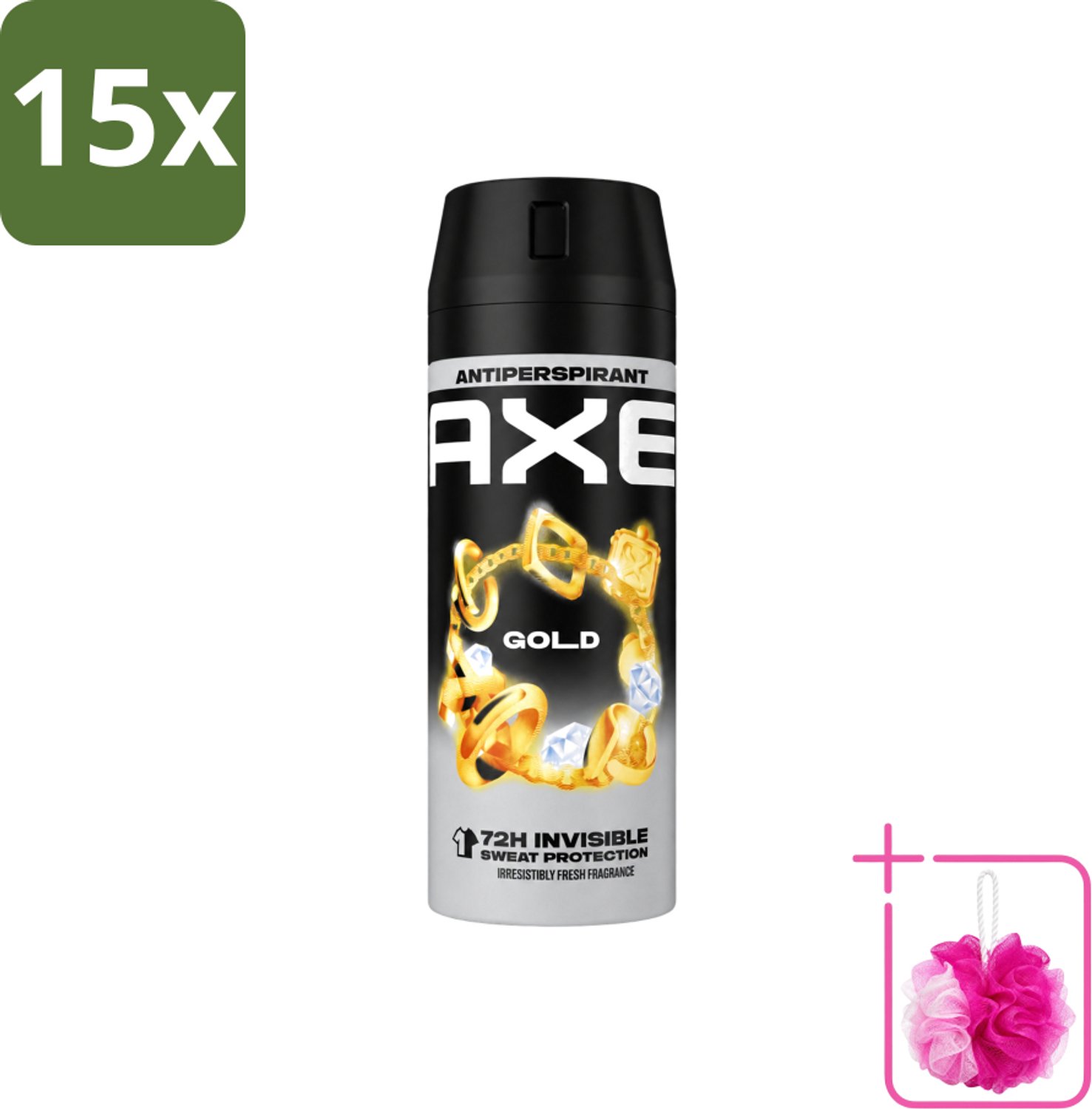 15 x Axe - Deodorant Spray - 72hrs Anti Sweat - Anti White Marks - Gold - 150 ml - Bulkverpakking - Anti transpirant spray - Douchemop - 72 uur bescherming