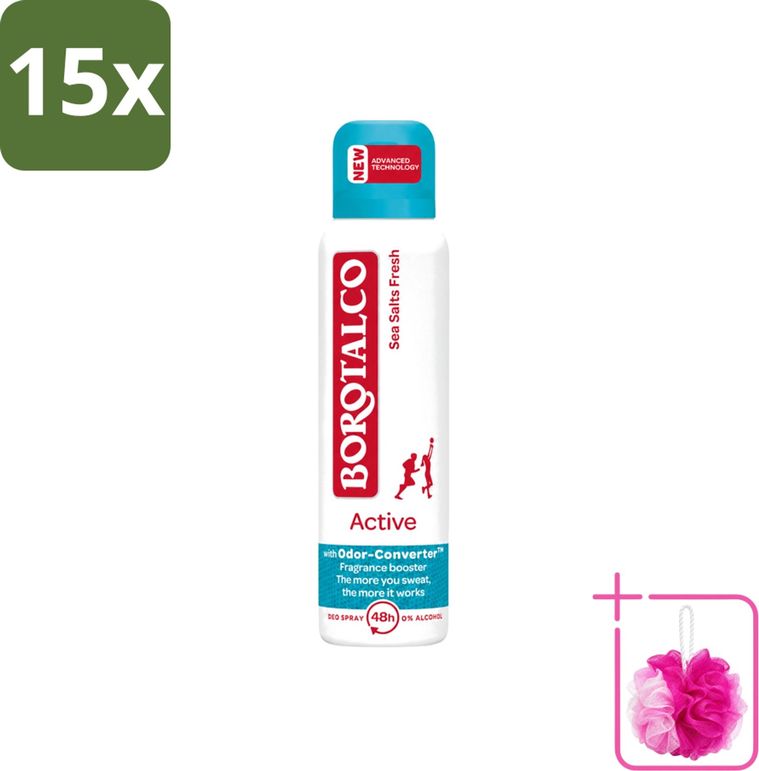 15 x Borotalco - Deodorant Spray - Active - Sea Salts Fresh - 0% Alcohol - 150 ml - Bulkverpakking - Zweetgeur bestrijding - Douchemop - Zeezout geur