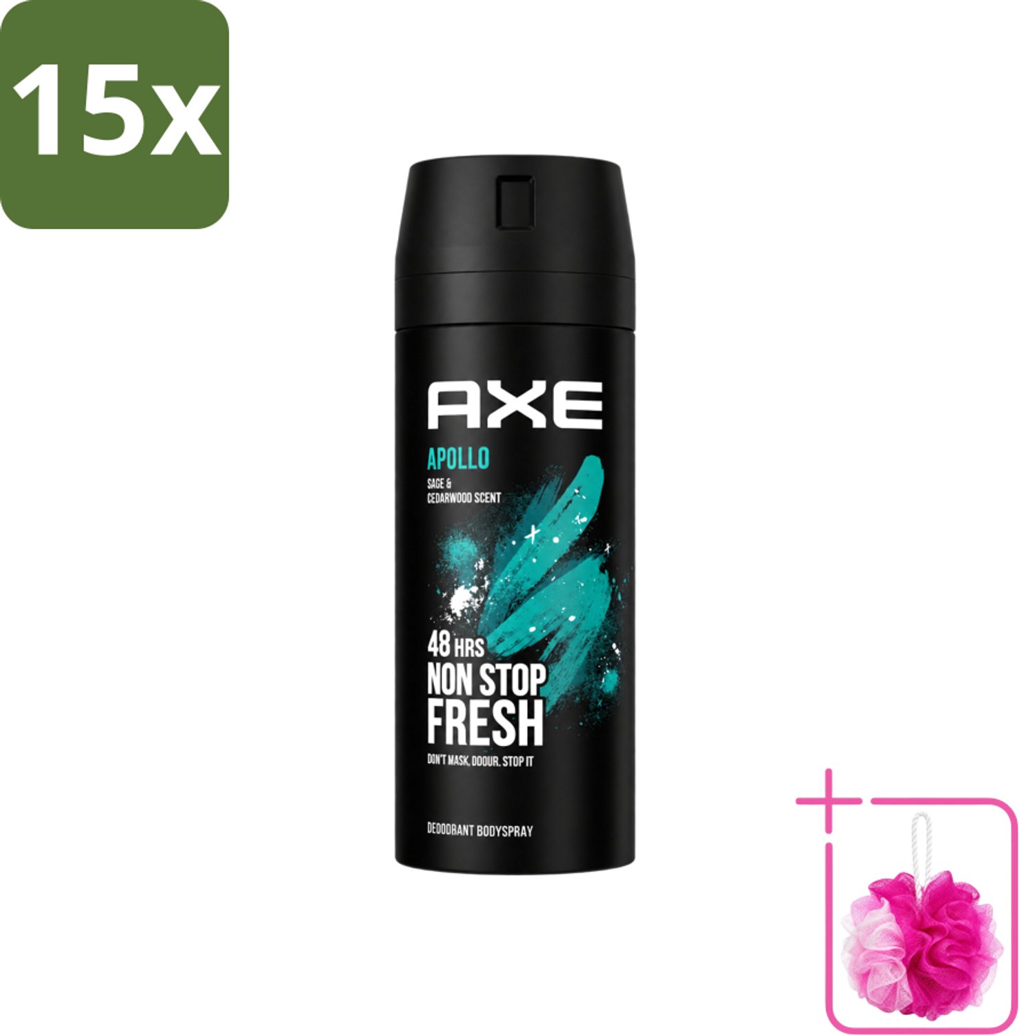15 x Axe - Deodorant Bodyspray - 48hrs Fresh - Apollo - Sage & Cedarwoord - 150 ml - Bulkverpakking - 48 uur bescherming - Douchemop - Deodorant sprayer