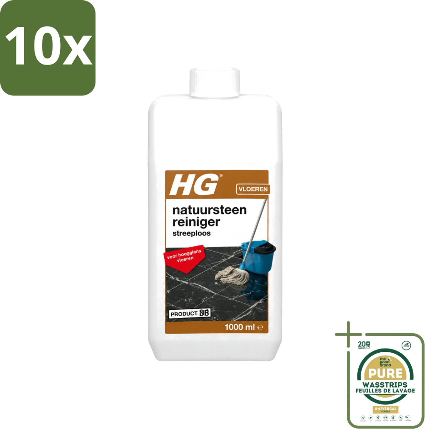 10 x HG - Natuursteenreiniger Streeploos - Voor Hoogglans Vloeren - 20 Dweilbeurten - 1L - Wasstrips - Natuursteen Reinigen - Hoogglans Vloeren Reinigen - Streeploze Reiniger - Natuursteen Vloer Reinigen - Marmer Reinigen