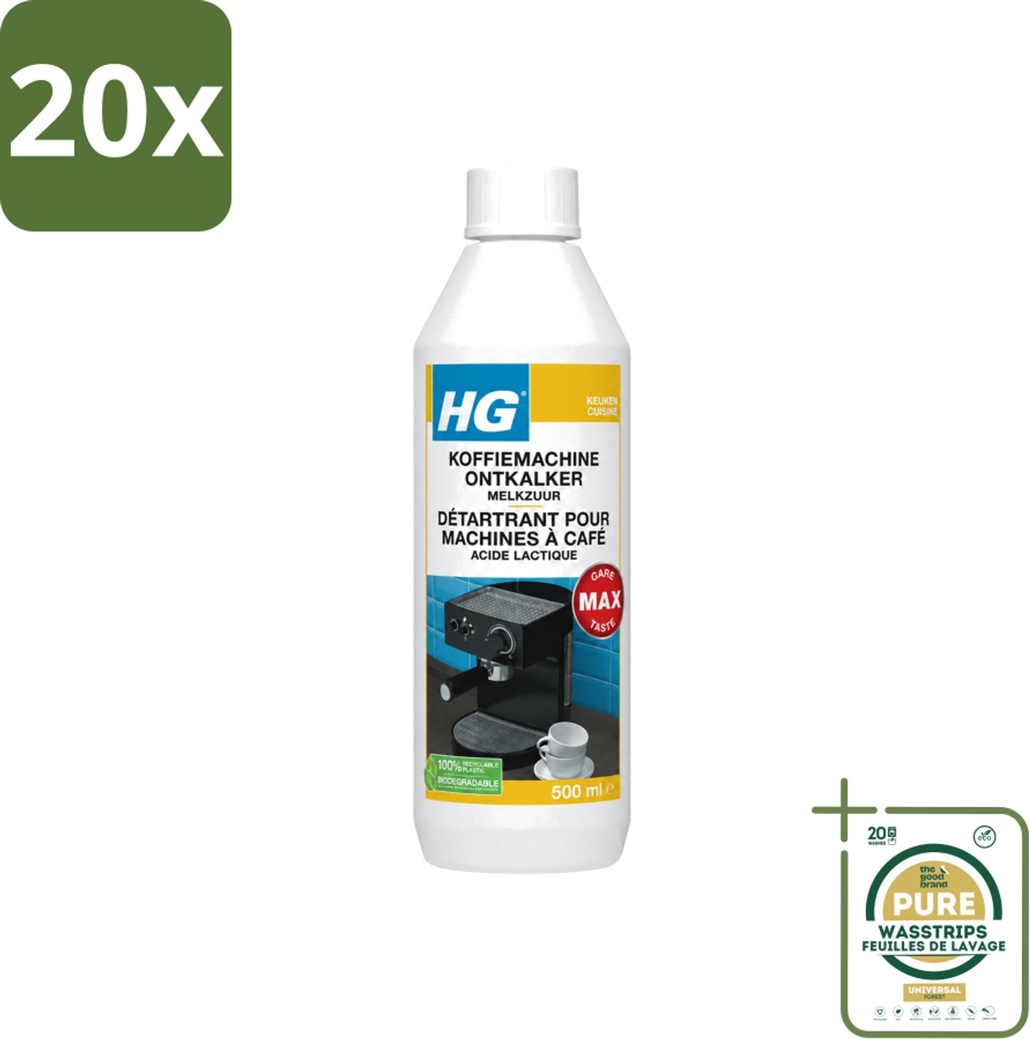 20 x HG - Koffiemachine Ontkalker - Op Basis Van Melkzuur - 4 tot 5 Reinigingsbeurten - 500 ml - Wasstrips - Koffiemachine Ontkalker - Melkzuur Ontkalker - Espresso Machine Ontkalker - Padkoffiemachine Ontkalker - Kalkverwijdering