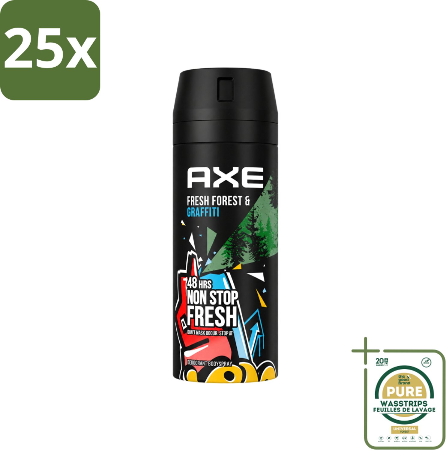 25 x Axe - Deodorant Bodyspray - 48hrs Fresh - Fresh Forest & Graffiti - 150 ml - Wasstrips - 48 Uur Bescherming - Deodorant Sprayer - Frisheid - Geur - Zweet