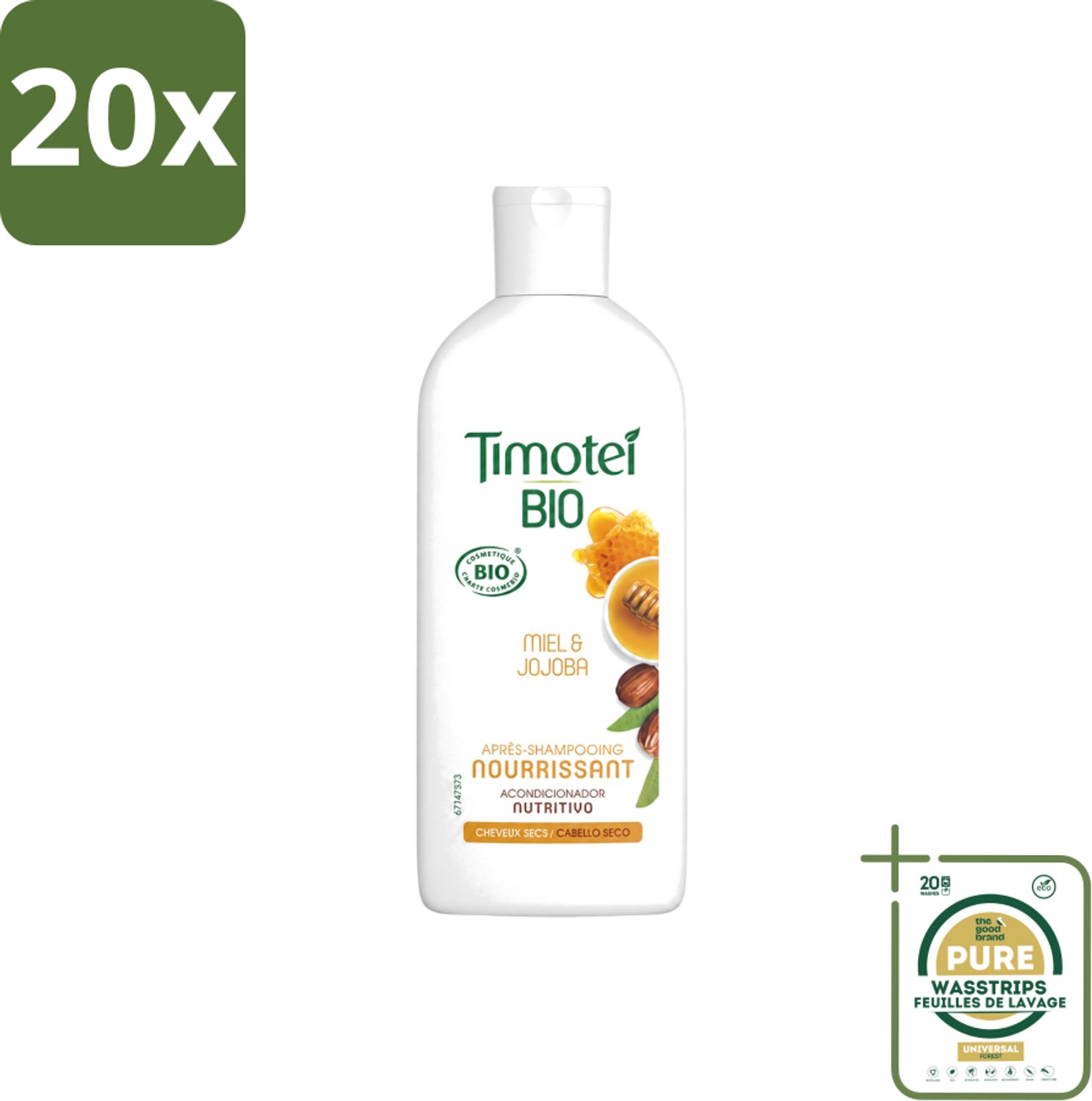 20 x Timotei - Crèmespoeling - Honing & Jojoba - Biologisch - Droog Haar & Droge Hoofdhuid - 250 ml - Wasstrips - Crèmespoeling - Droog Haar - Droge Hoofdhuid - Honing - Jojoba-olie