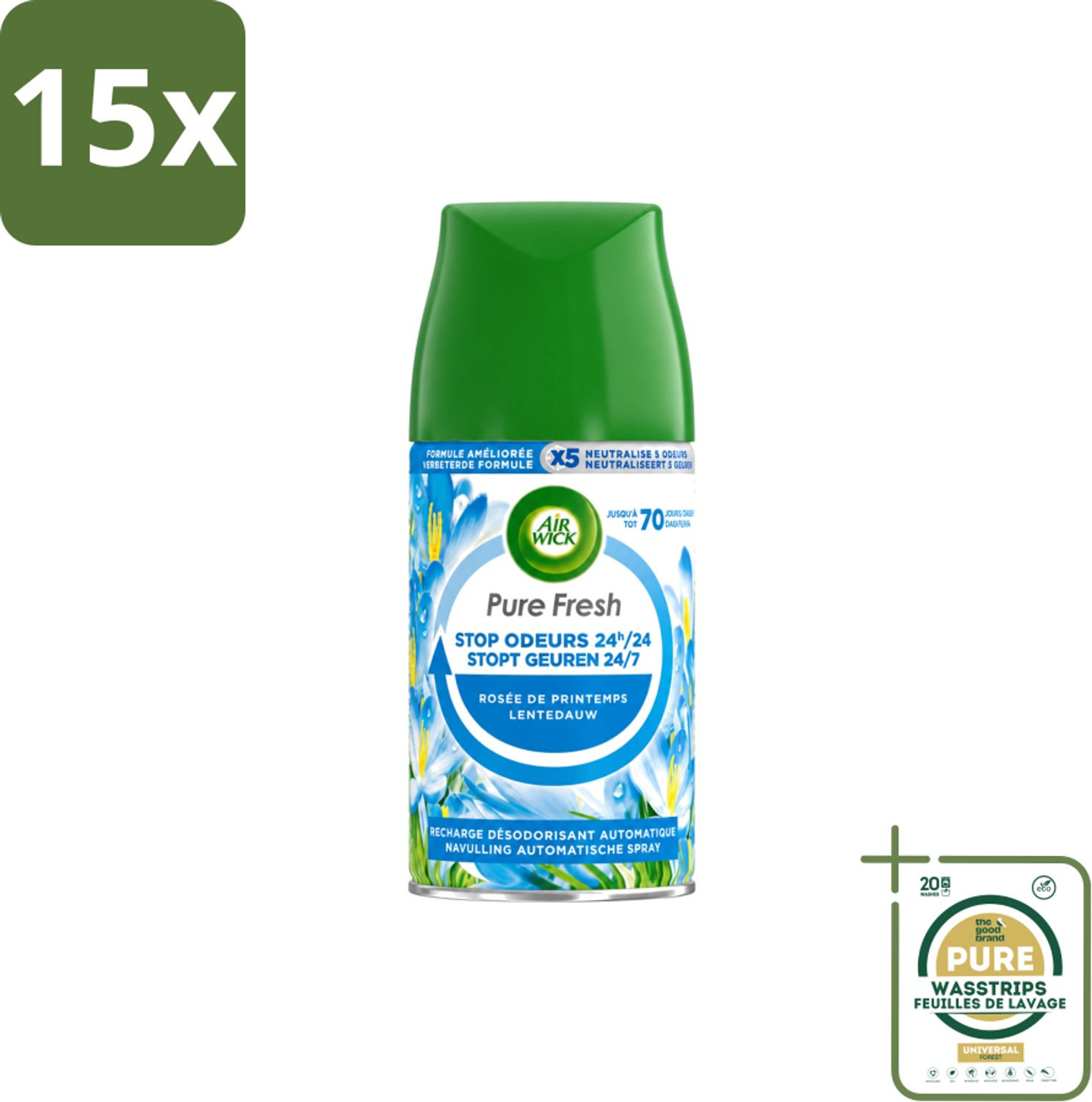 15 x Air Wick – Navulling – Freshmatic Pure Lentedauw – 250 ml - Wasstrips - Lentedauw - Geur - Parfum - Geurverspreiding - Geurneutralisatie