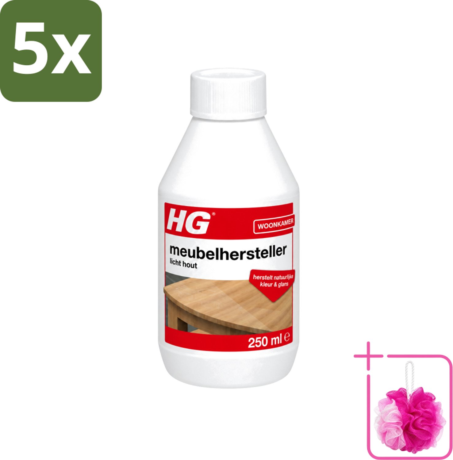 5 x HG - Meubelhersteller Licht Hout - Herstelt Natuurlijke Kleur & Glans - 250 ml - Bulkverpakking - Houtverzorging - Douchemop - Hout herstellen