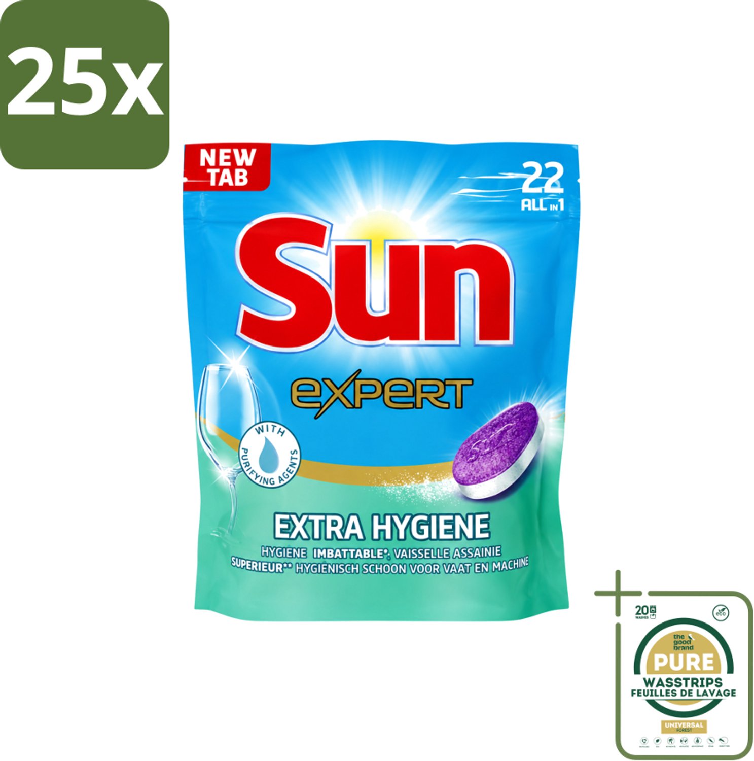 25 x Sun Expert - Extra Hygiëne - Vaatwastabletten - 22 Tabletten - Wasstrips - Vaatwastabletten - Hygiëne - Vaatwasser - Reiniging - Kalk