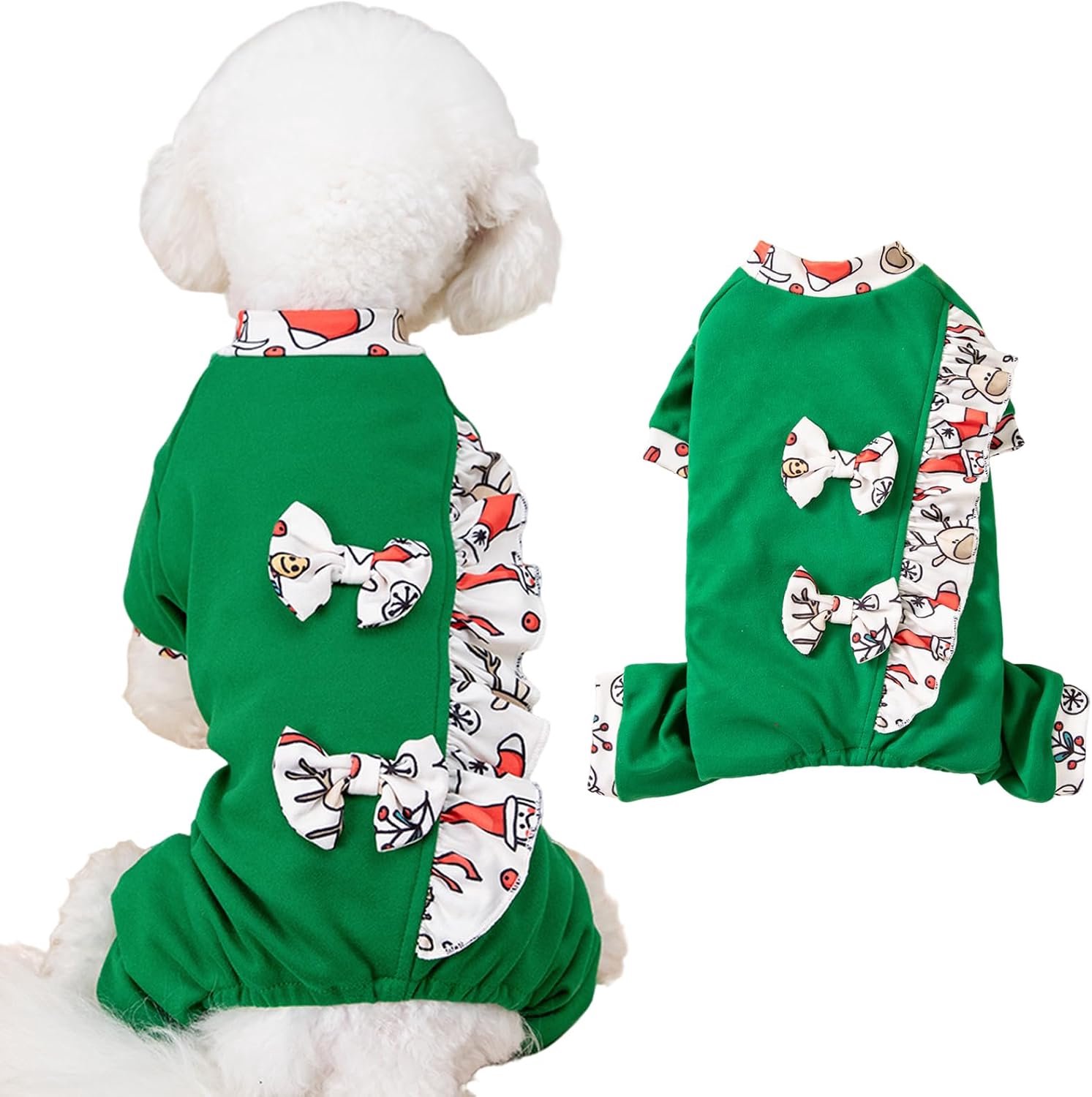 Vier poten hond fleece kleding huisdier koud weer jas kostuum voor kleine tot middelgrote honden en katten (groene strik, M)