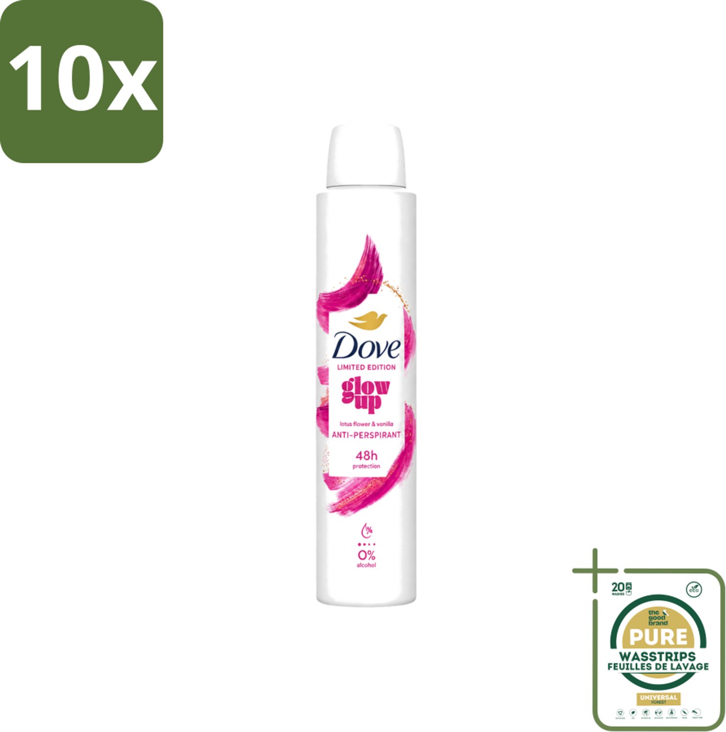 10 x Dove – Deodorant Spray – Glow Up – 200 ml - Wasstrips - Anti-transpirant Spray - Zweetvermindering - Geurvermindering - Fris - Bloemig