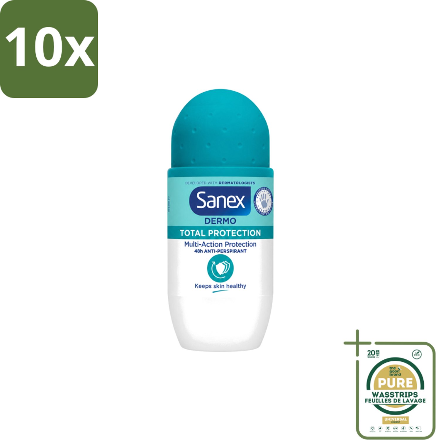 10 x Sanex – Deodorant Roll-On – Dermo Total Protection – 50 ml - Wasstrips - Douche - Deodorant Roll-on - Zweetvermindering - Geurvermindering - Huidbescherming