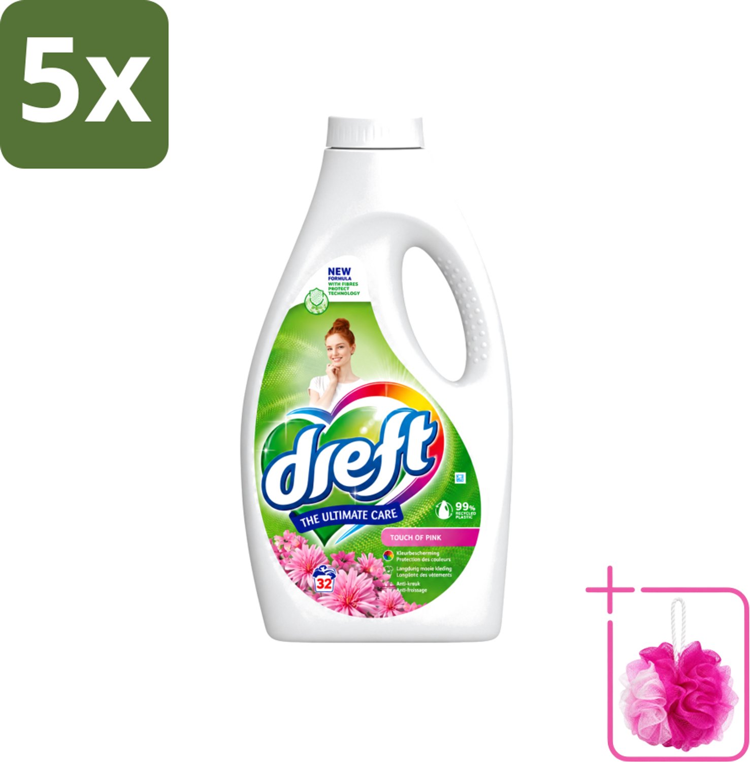 5 x Dreft - Ultimate Care - Vloeibaar Wasmiddel - Gekleurde Was - Een Vleugje Roze - 32 Wasbeurten - Bulkverpakking - Wasmiddel - Douchemop - Wasgoed reinigen