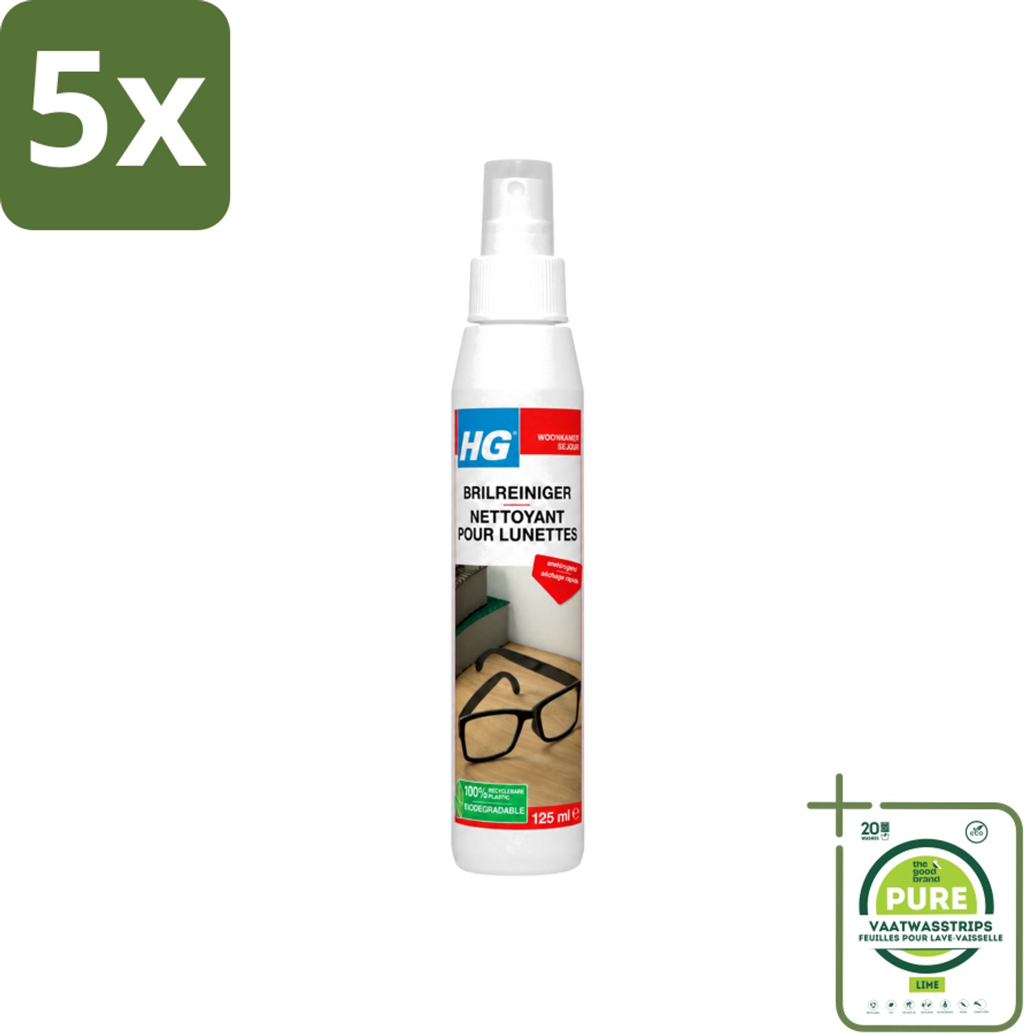 5 x HG - Brilreiniger - Voor Glasheldere Lenzen - 125 ml - Grootverpakking - Vaatwasstrips - Bril Reinigen - Glas Reinigen - Lenzen Reinigen - Brillen Reinigen - Vuil Verwijderen