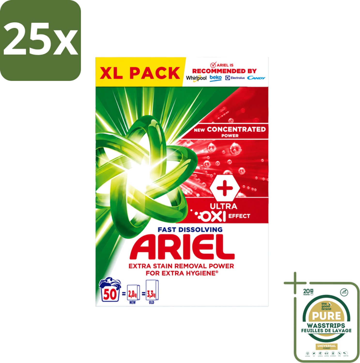 25 x Ariel – Waspoeder – Oxi – 2,8 kg – 50 wasbeurten - Wasstrips - Waspoeder - Waspoeder Oxi - Vlekverwijdering - Reiniging - Wasmachine