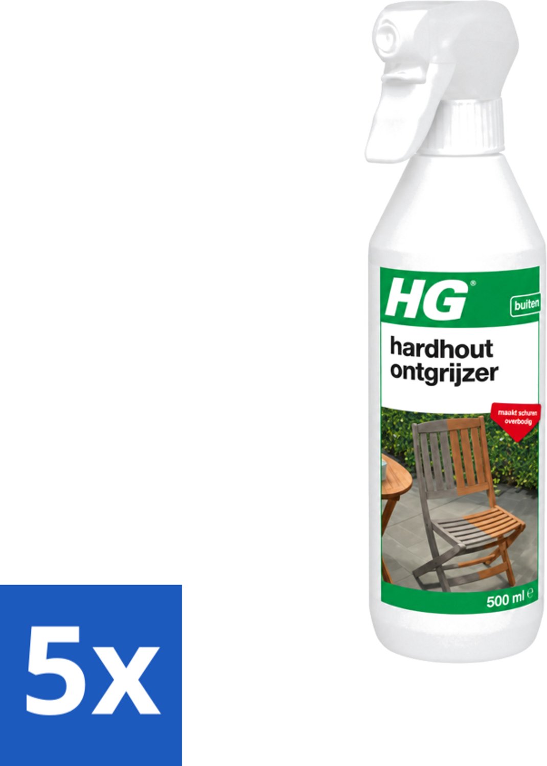 5 x HG - Buiten - Hardhout Ontgrijzer - Maakt Schuren Overbodig - 500 ml - Voordeelverpakking - 5 stuks