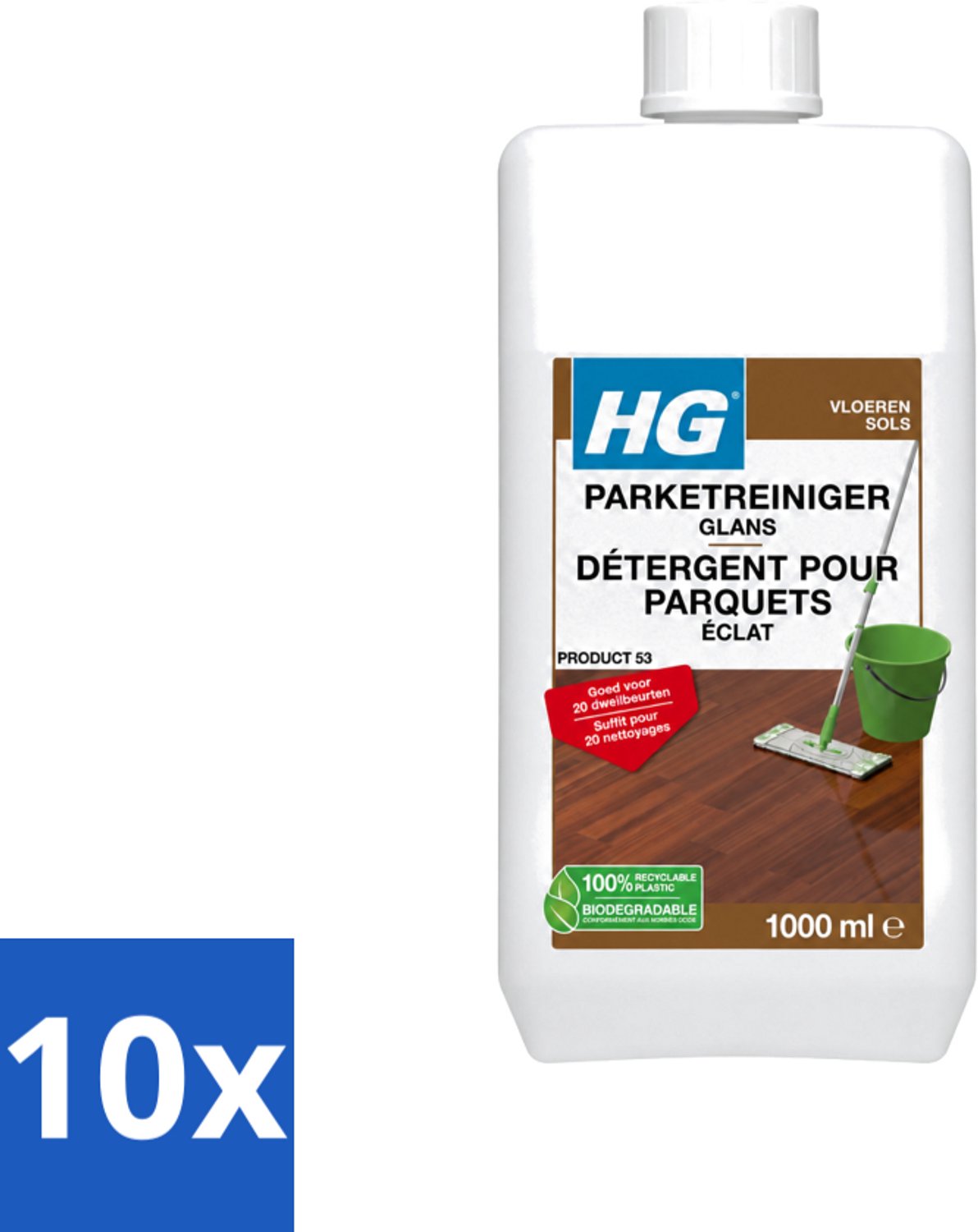 10 x HG - Vloeren - Parketreiniger Glans - 20 Dweilbeurten - 1L - Voordeelverpakking - 10 stuks