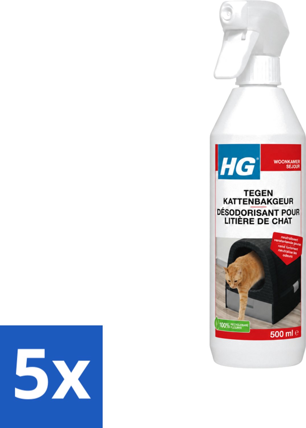 5 x HG - Tegen Kattenbakgeur - Neutraliseert Geuren - 500 ml - Voordeelverpakking - 5 stuks