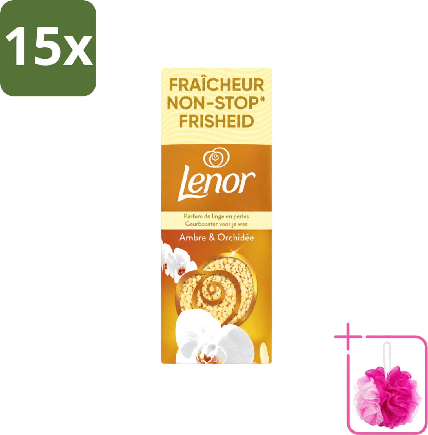 15 x Lenor – Geurbooster – Amber & Orchidee – 12 Wasbeurten – 155 g - Bulkverpakking - Geurparels - Douchemop - Wasgeur
