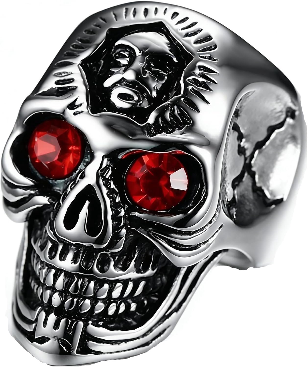 Doodshoofd, schedel ring, herenring van roestvrij staal, gothic ring voor heren, jongens, schedel gevlamd (Zilver, 67)