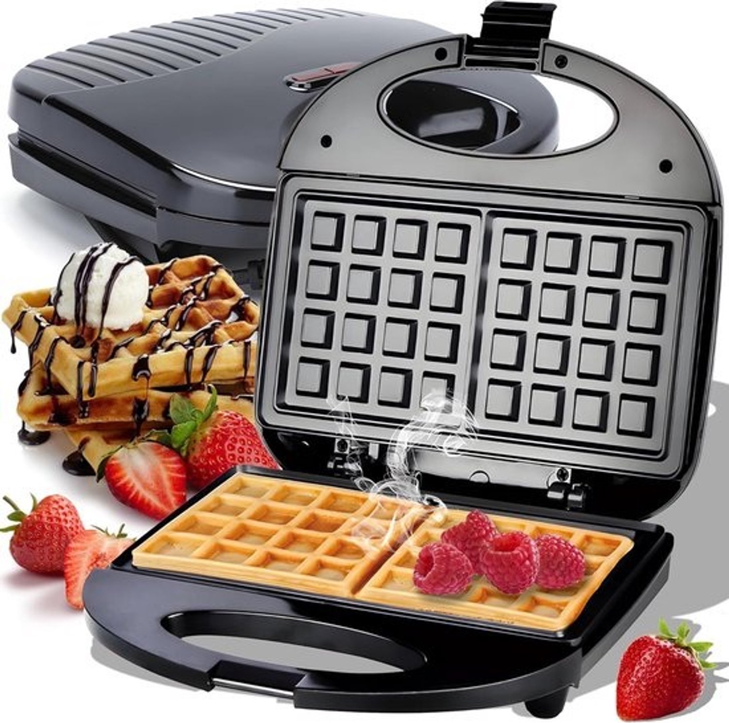 Wafelijzer - wafelmaker - voor het bakken van lekkere wafels - met antiaanbaklaag - 22,5 x 22,5 cm - Zwart