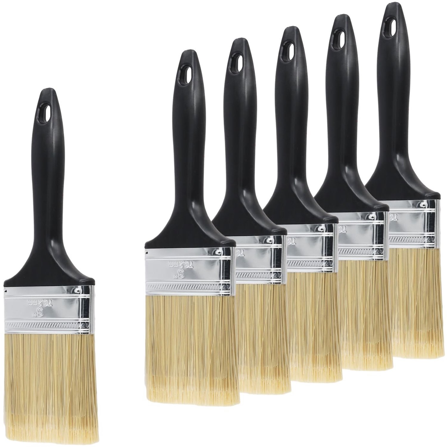 Chip Kwasten Set - 3 Inch - 6 Stuks met Zwarte Kunststof Handgreep