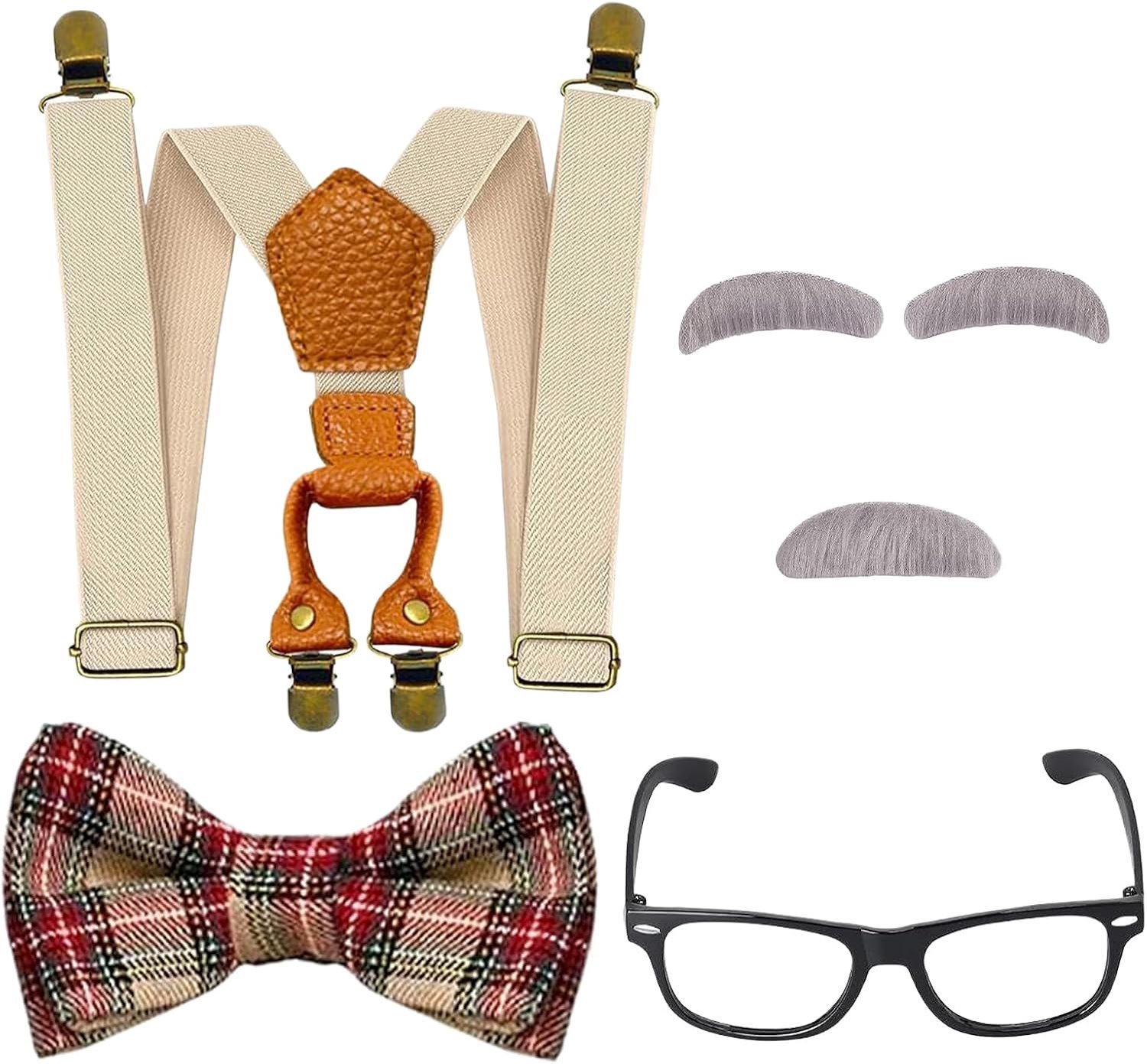 Accessoires voor opa-kostuum voor kinderen, accessoires voor oude mannen met bretels, vlinderdas, bril, wenkbrauwen, baard-accessoires voor opa-kostuums voor carnaval, cosplay, themafeesten (C)