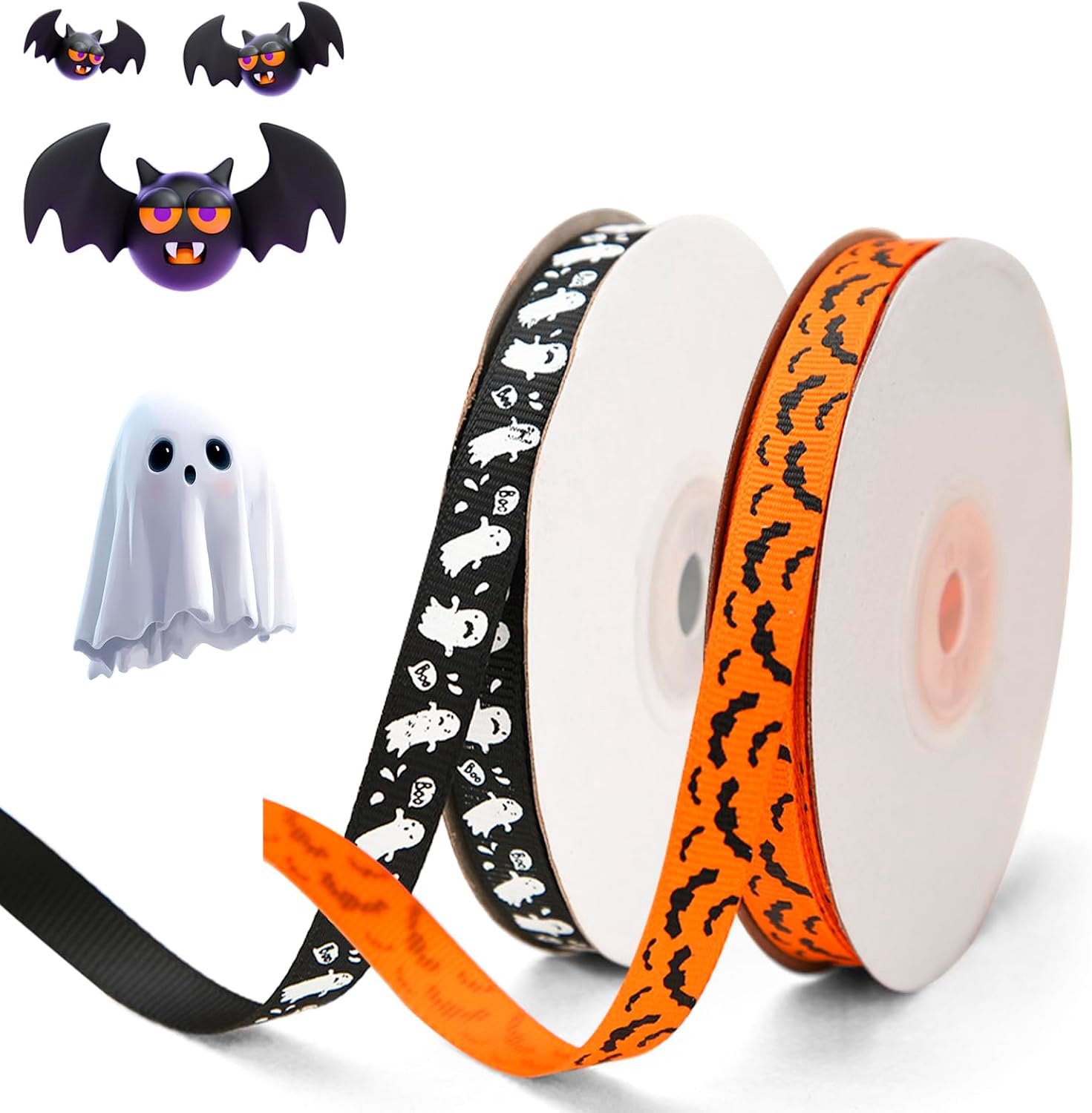 Lint met vleermuis en spookmotief 0,9 cm breed, 50 meter per rol